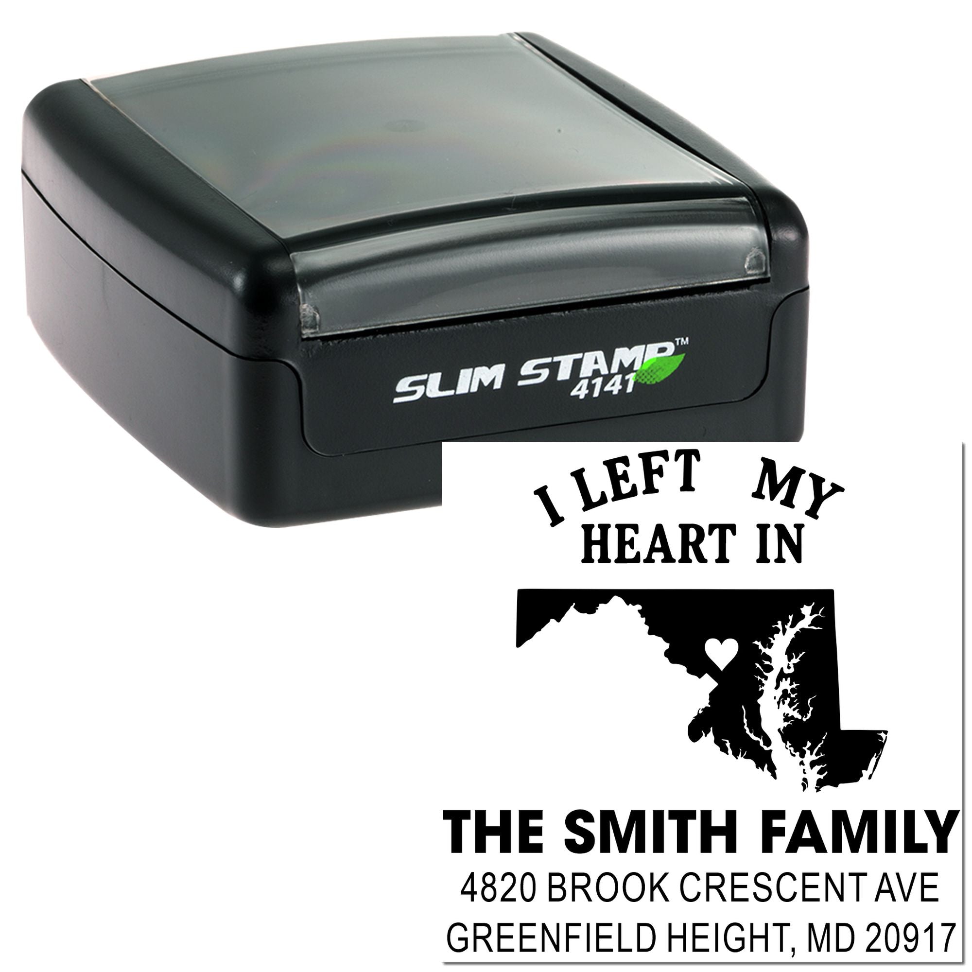 Custom self-inking rubber return address stamp with Maryland heart design and personalized family name and address.