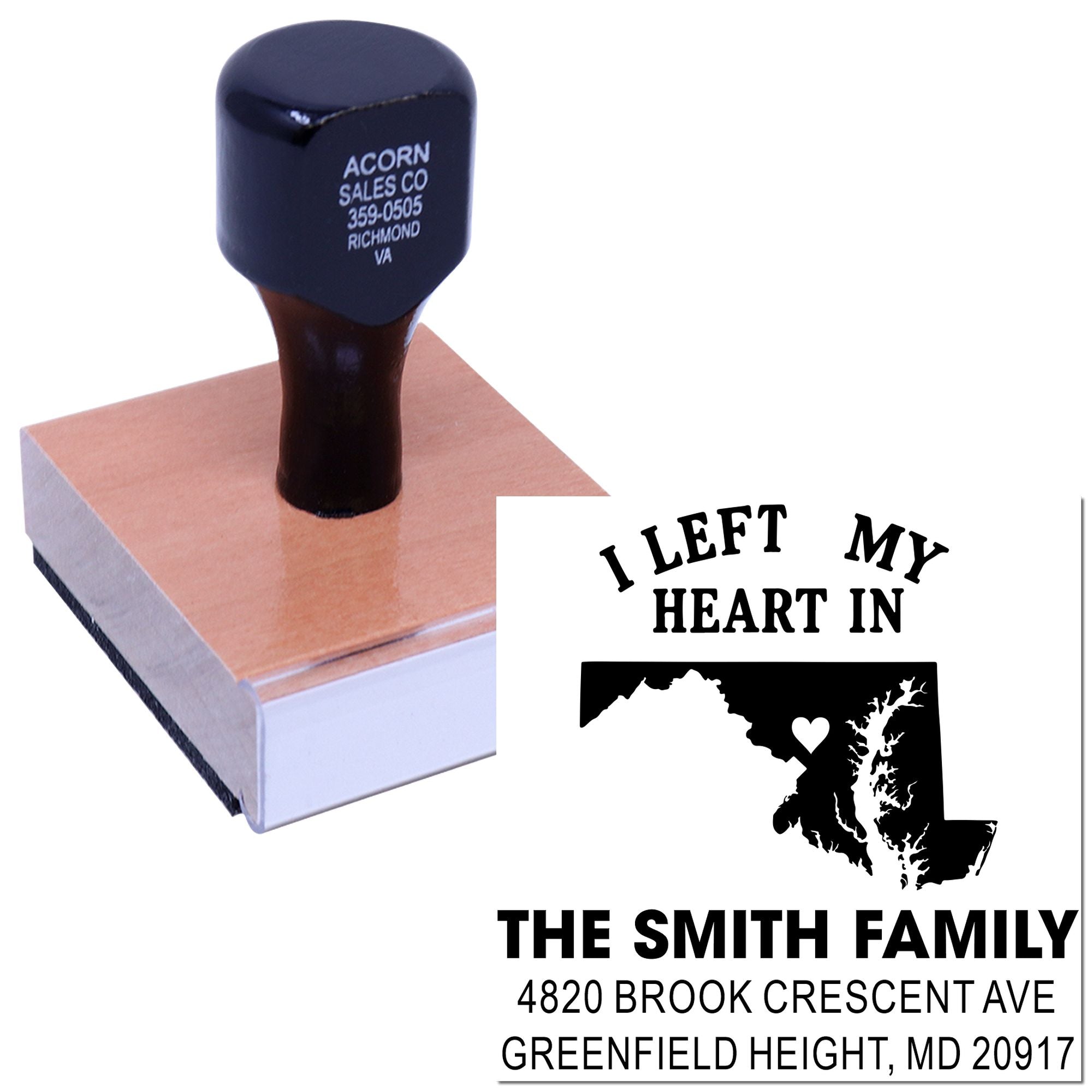 Custom rubber address stamp with I Left My Heart in Maryland design, family name, and return address.