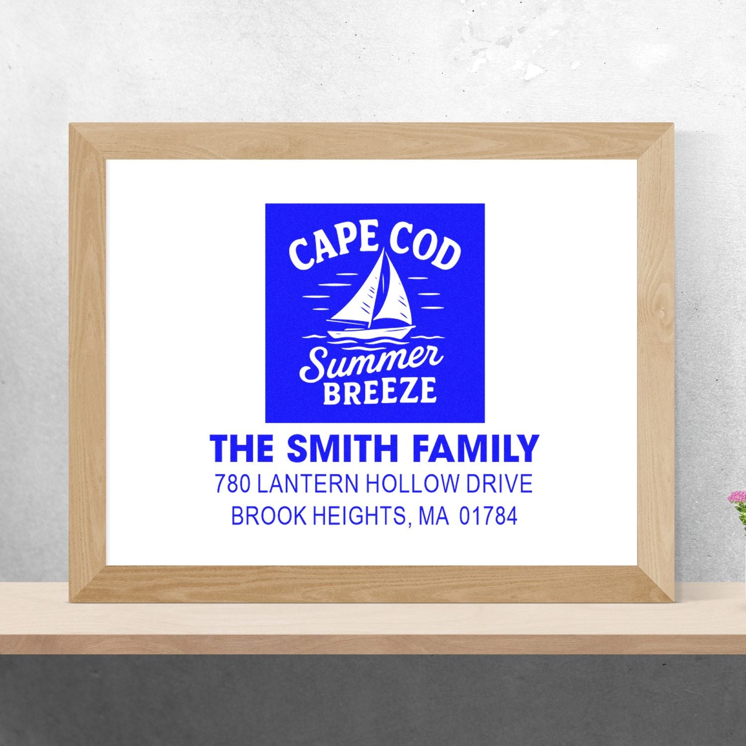 Personalized Cape Cod sailboat return address rubber stamp for The Smith Family, Brook Heights, MA