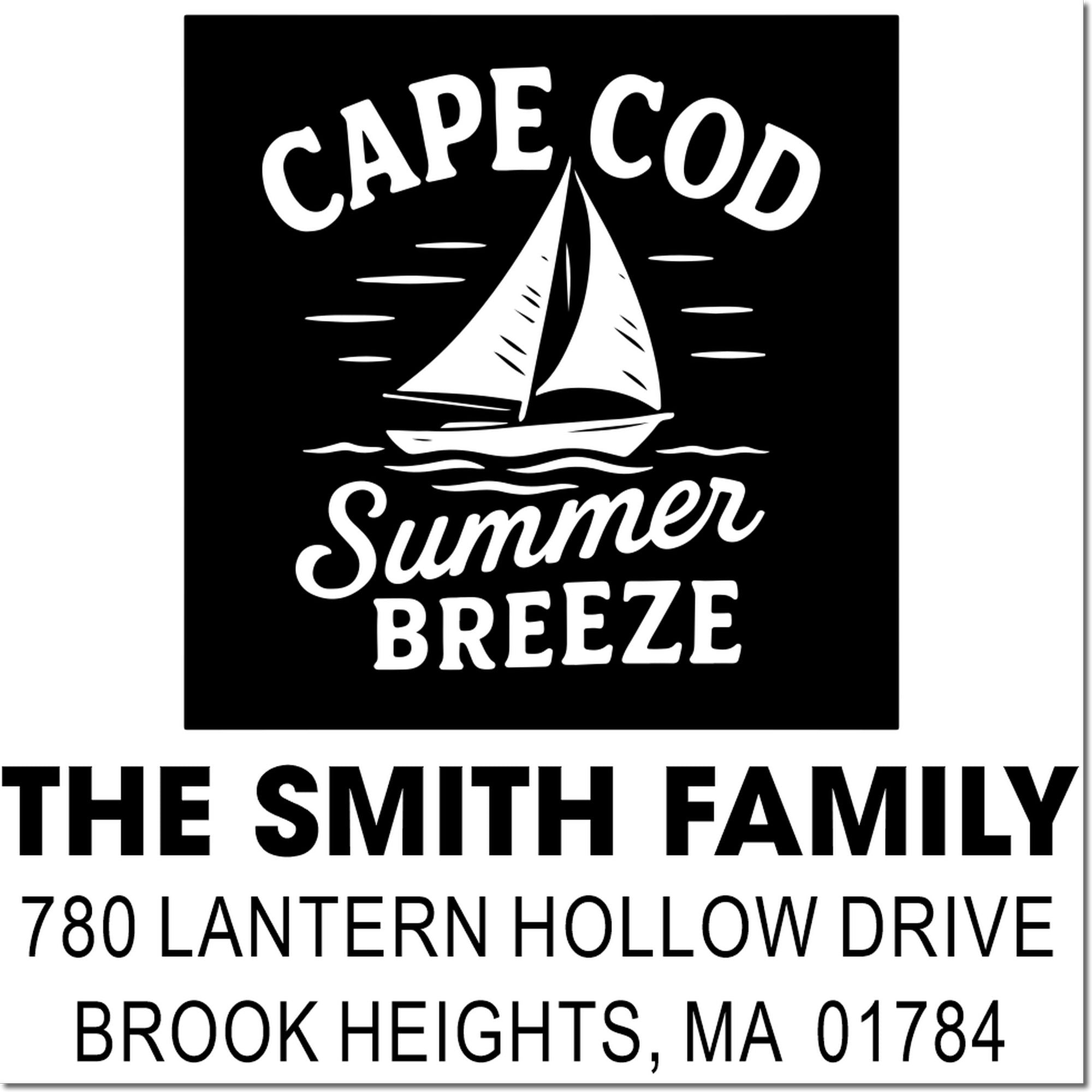 Cape Cod Summer Breeze custom address rubber stamp with sailboat design for The Smith Family, Brook Heights, MA.