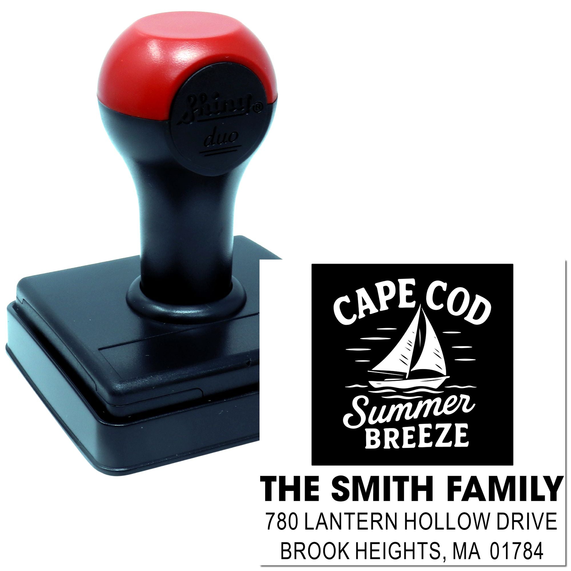 Custom self-inking rubber stamp with Cape Cod Summer Breeze design and The Smith Family address imprint.