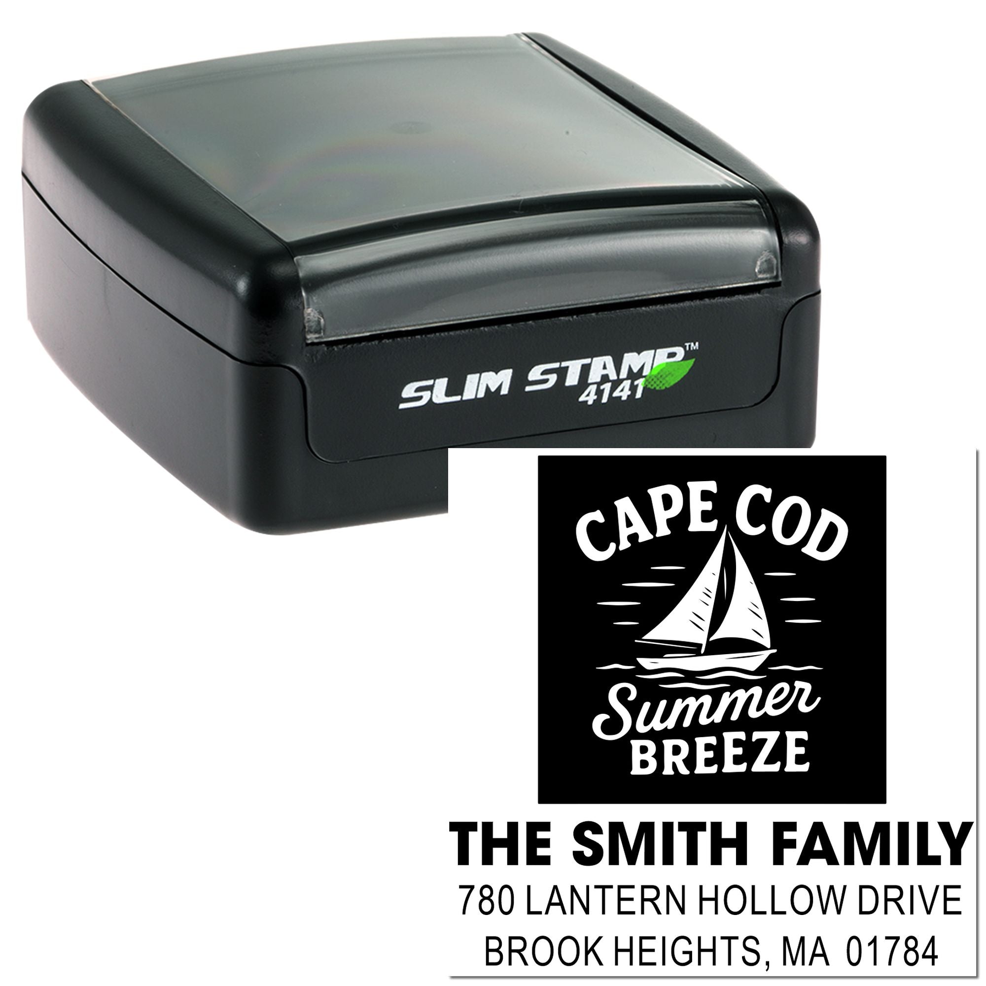 Custom self-inking Slim Stamp 4141 rubber stamp with Cape Cod summer breeze design and Smith family return address imprint