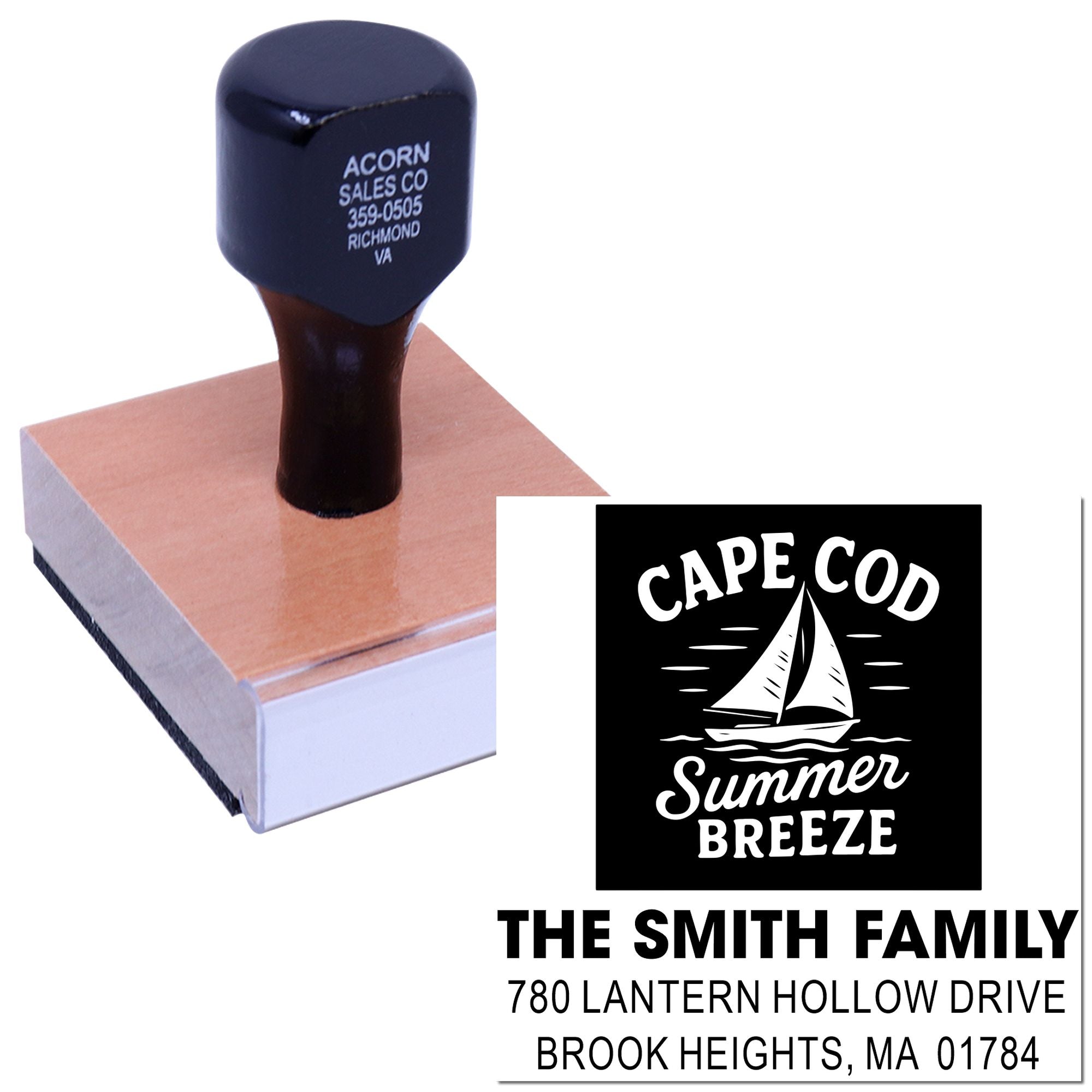 Custom self-inking rubber stamp featuring a Cape Cod sailboat logo and address for personalized mailing.