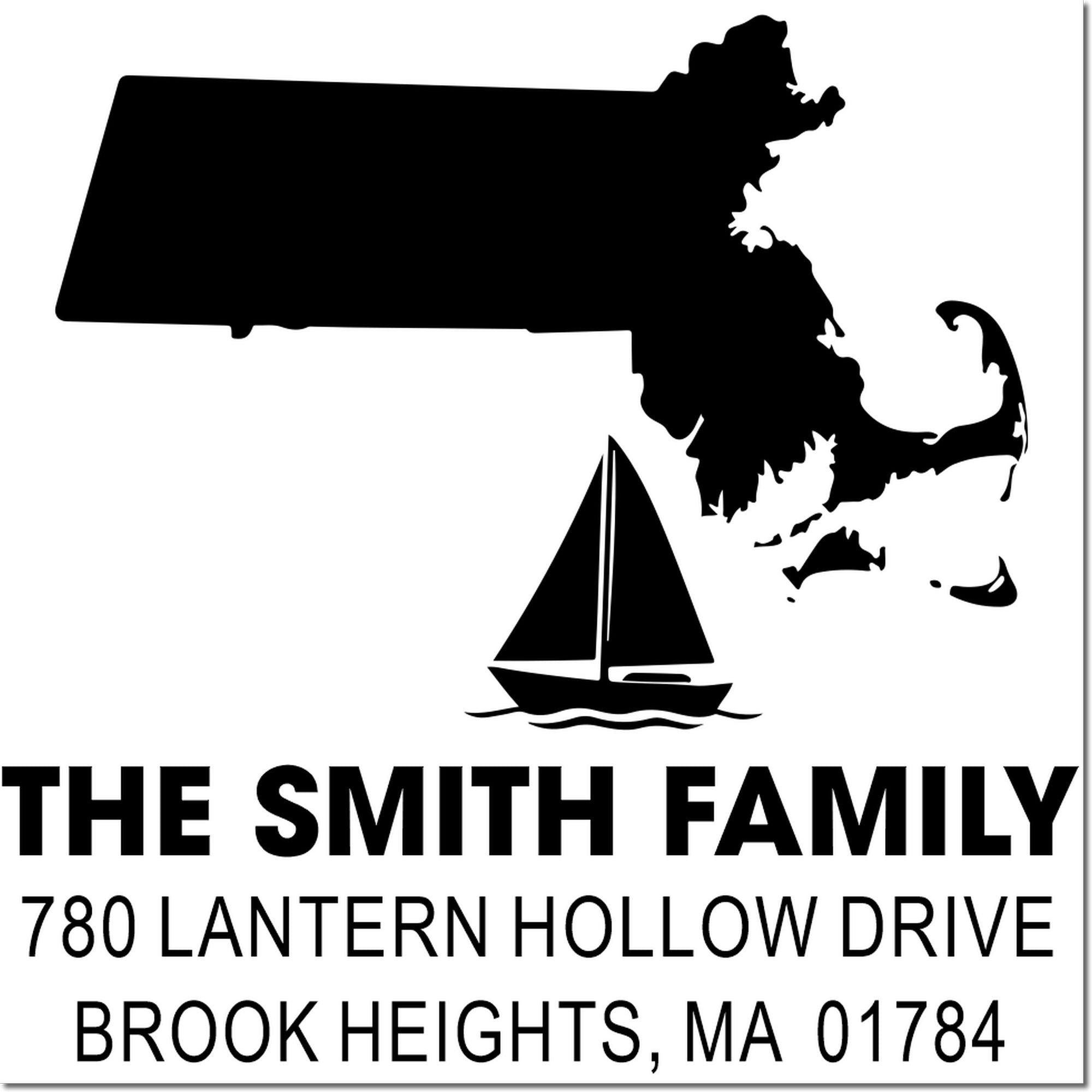 Custom rubber stamp with Massachusetts map, sailboat, and return address for The Smith Family, Brook Heights, MA 01784.