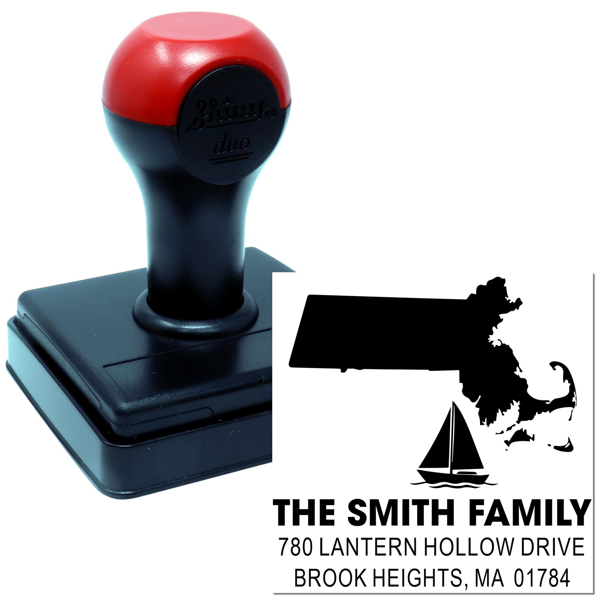 Custom self-inking rubber stamp with Massachusetts return address design, sailboat icon, and personalized family name imprint.