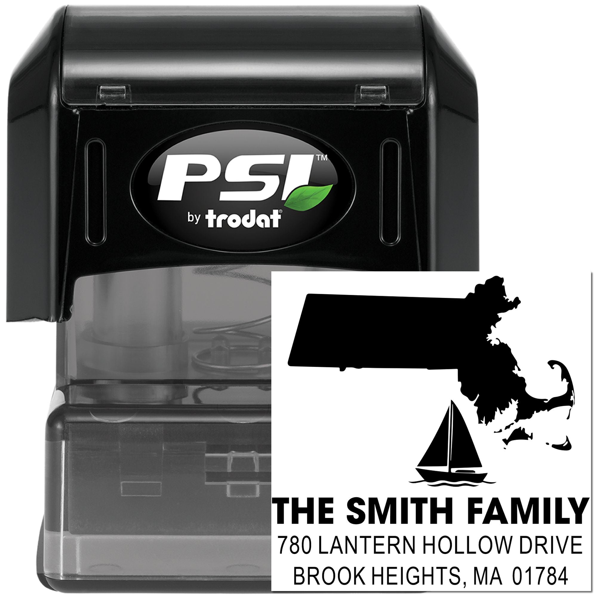 Custom PSI by Trodat self-inking return address stamp with Massachusetts family monogram, sailboat design, and home address.