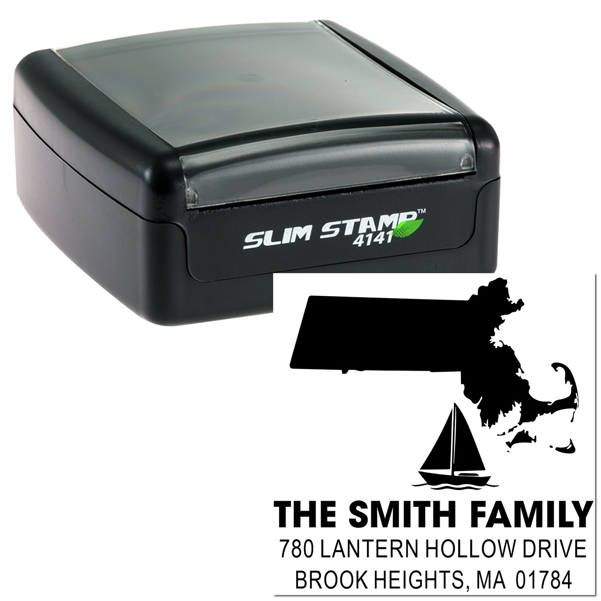 Slim Stamp 4141 custom self-inking address rubber stamp with Massachusetts family name and sailboat design