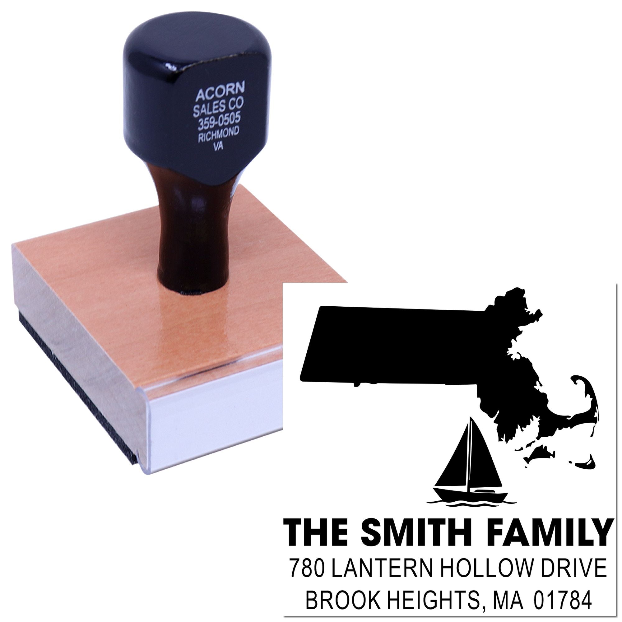 Custom rubber address stamp with Massachusetts map, sailboat design, and personalized family name and mailing address.