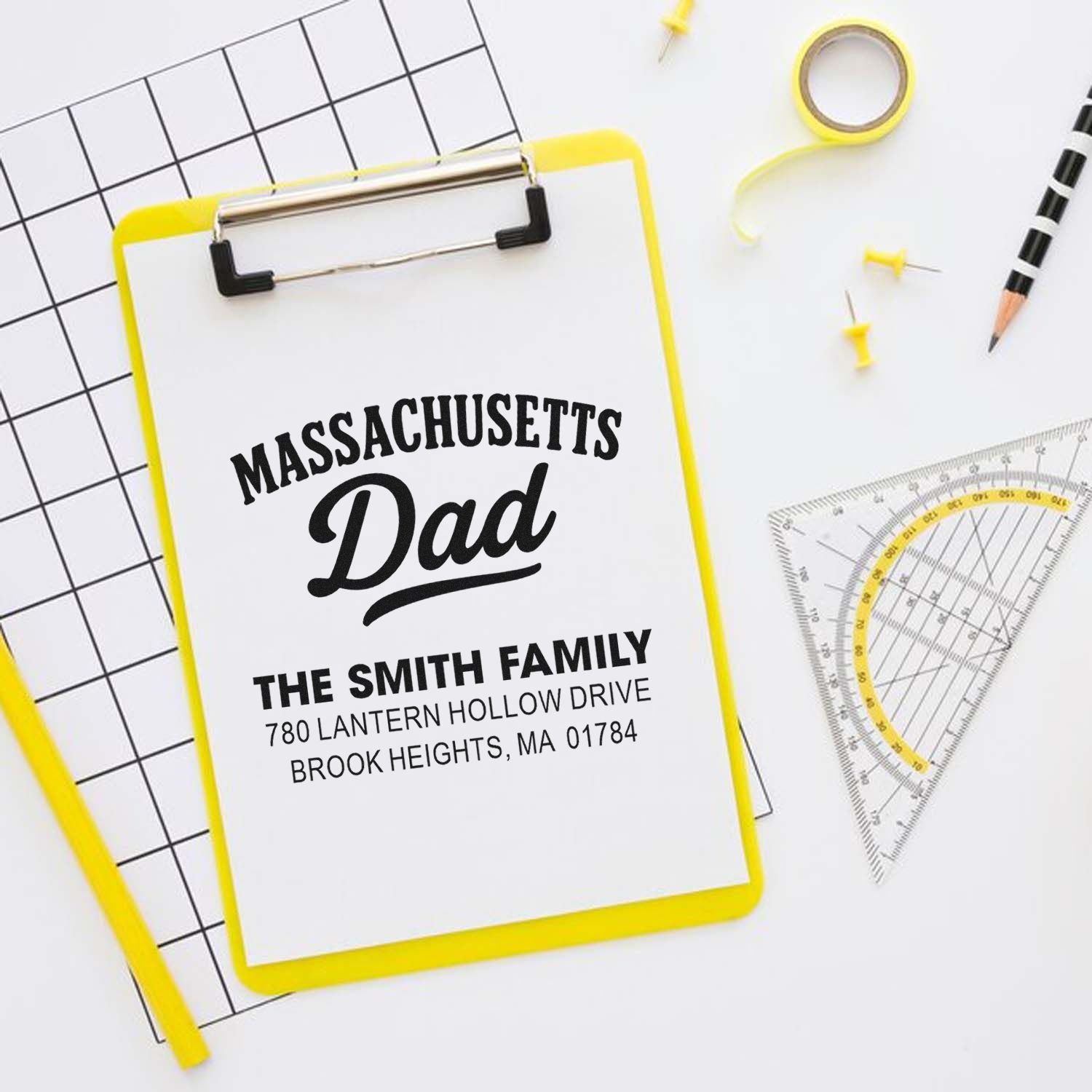 Personalized Massachusetts Dad rubber stamp design with family name and address, perfect for custom stationery and gifts.