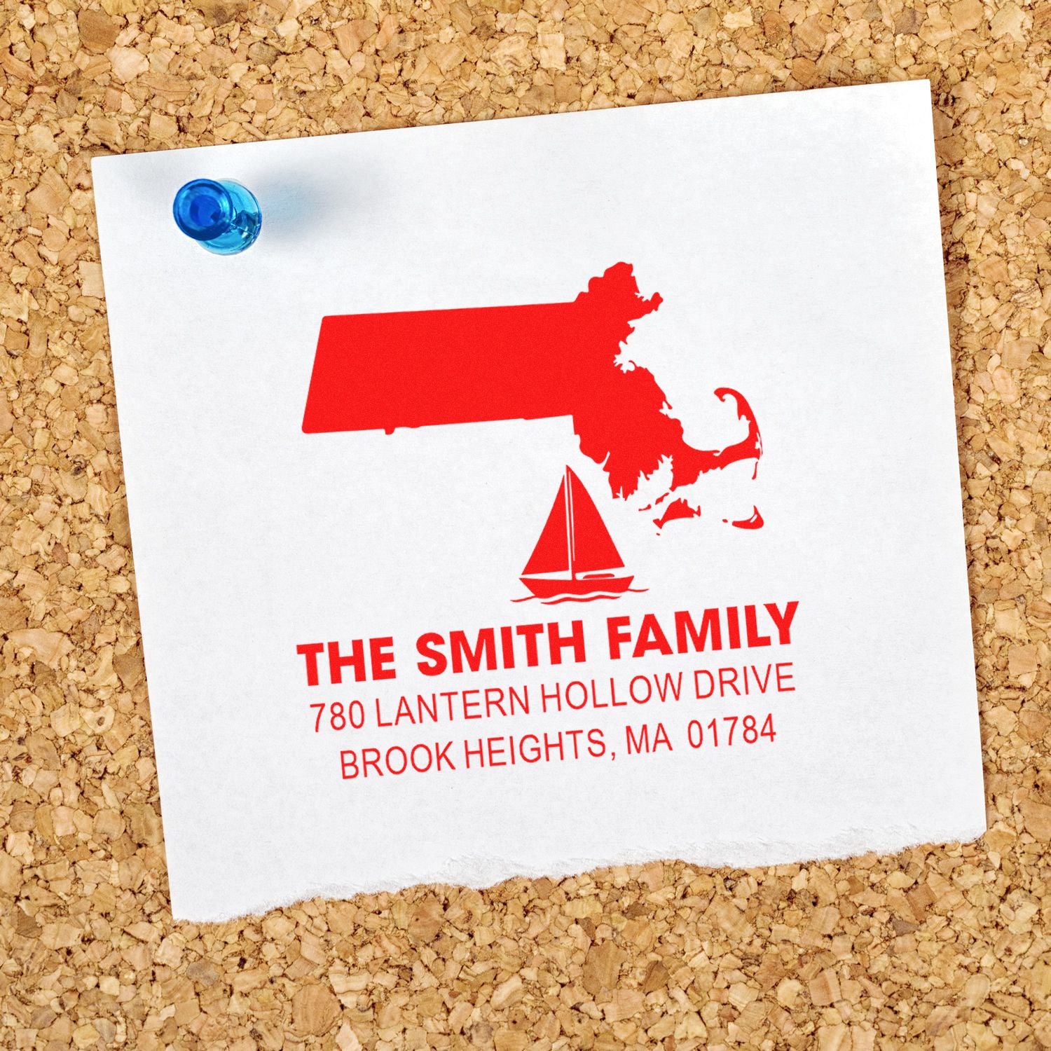 Custom return address rubber stamp with Massachusetts state map, sailboat icon, and Smith family address design