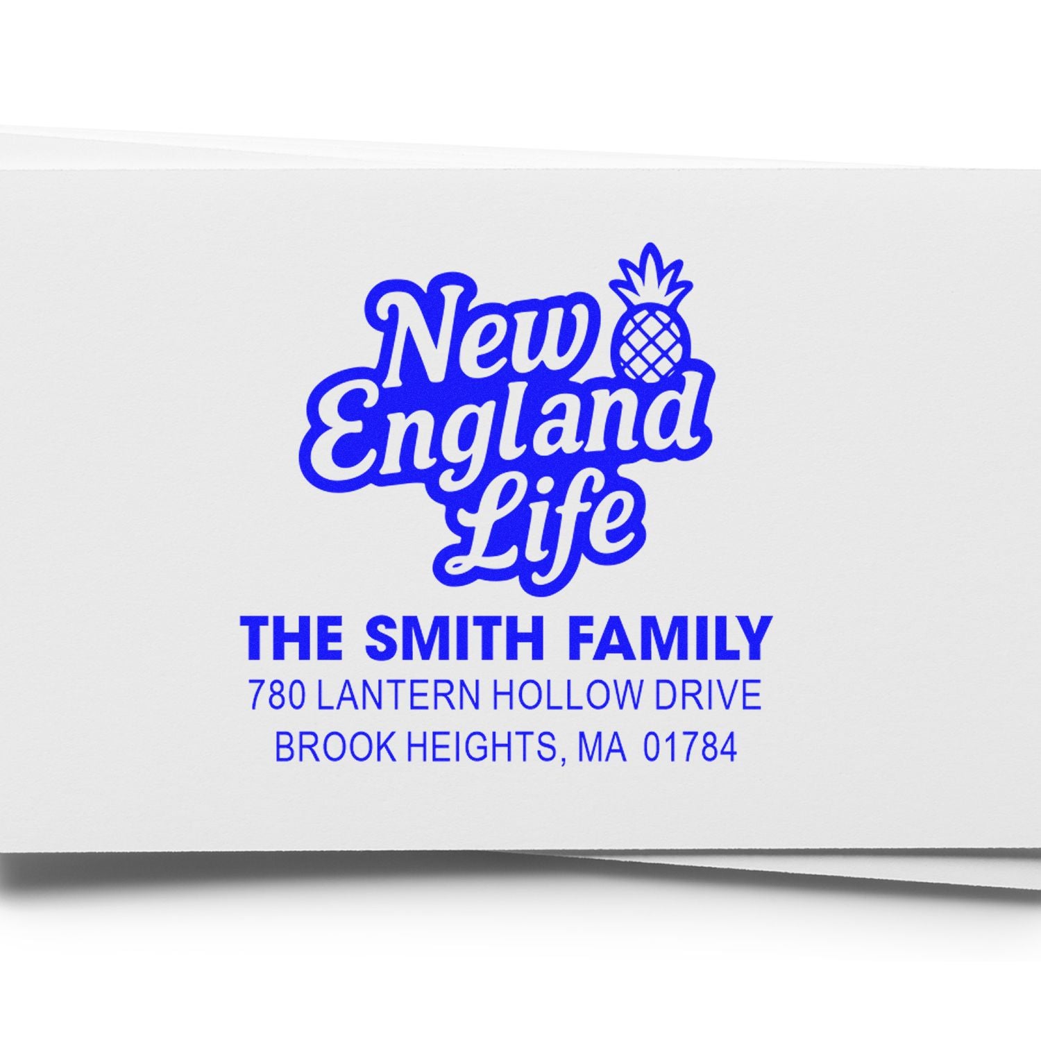 Custom New England Life return address rubber stamp for The Smith Family in Brook Heights, MA