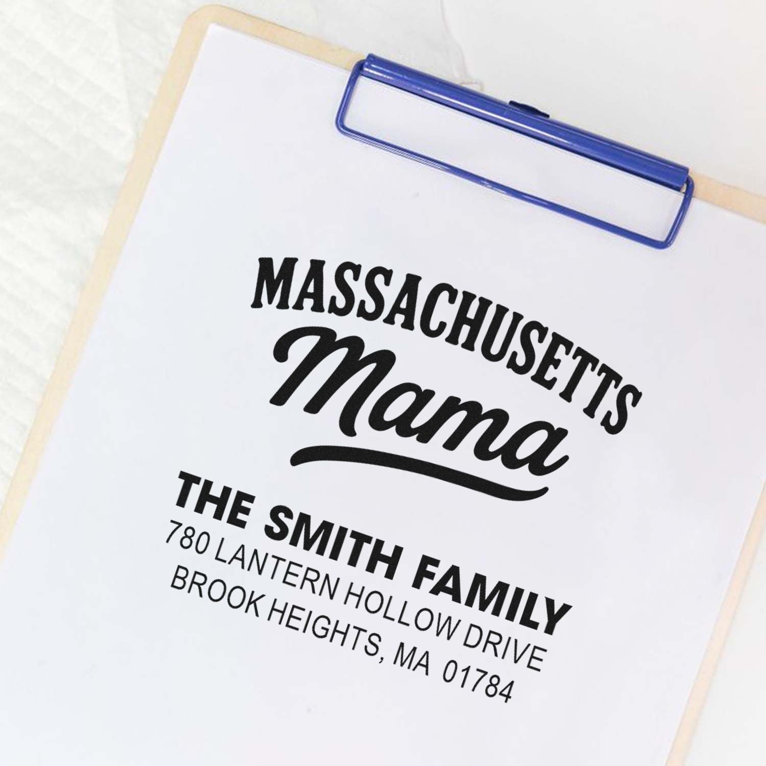 Custom Massachusetts Mama return address rubber stamp mockup with family name and home address for personalized mailing.