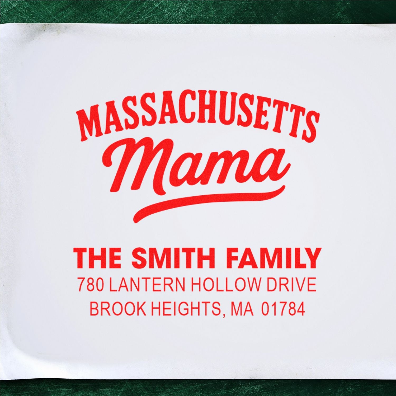 Personalized Massachusetts Mama rubber stamp for the Smith family return address in Brook Heights, MA.