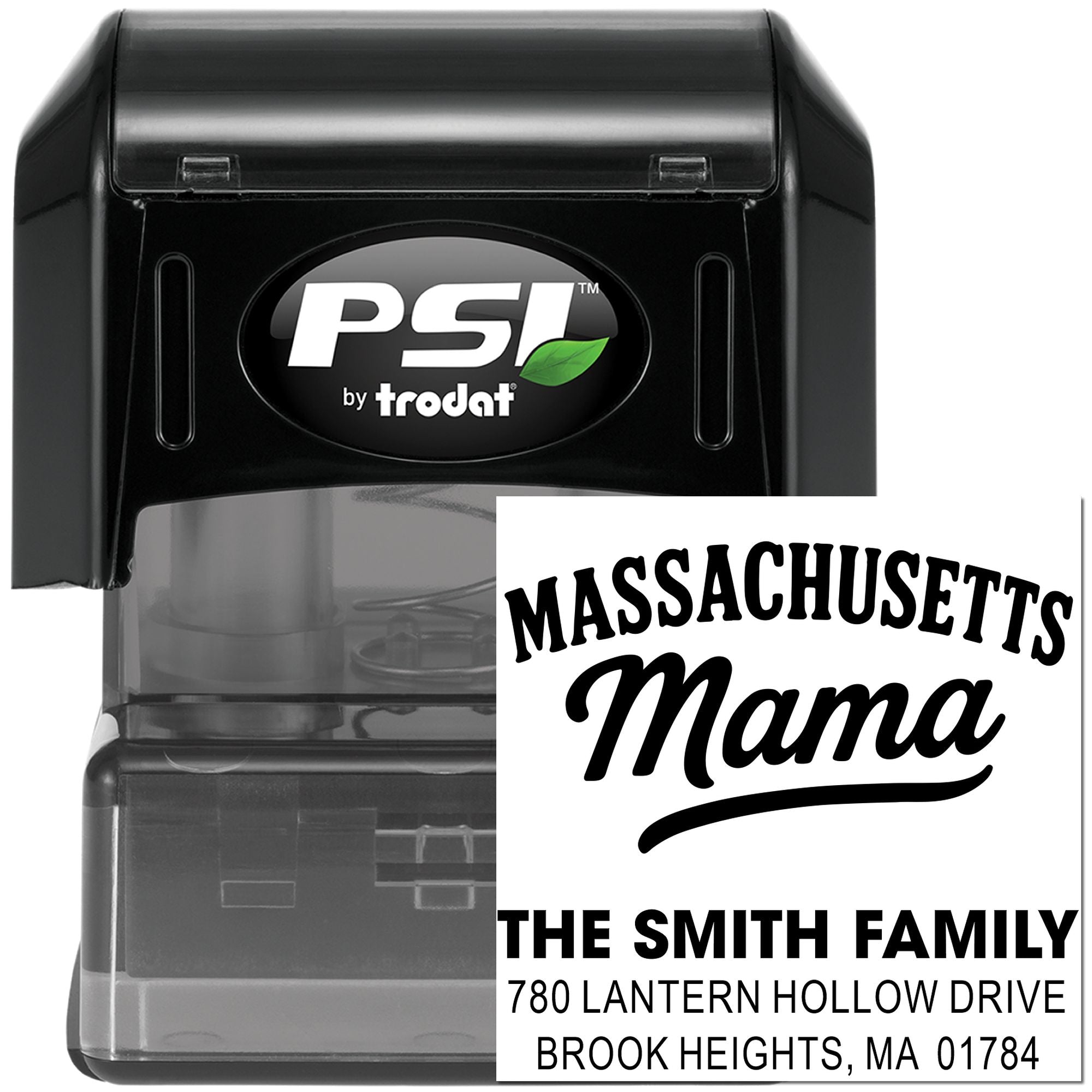Custom self-inking rubber address stamp by PSI Trodat featuring Massachusetts Mama and The Smith Family return address.