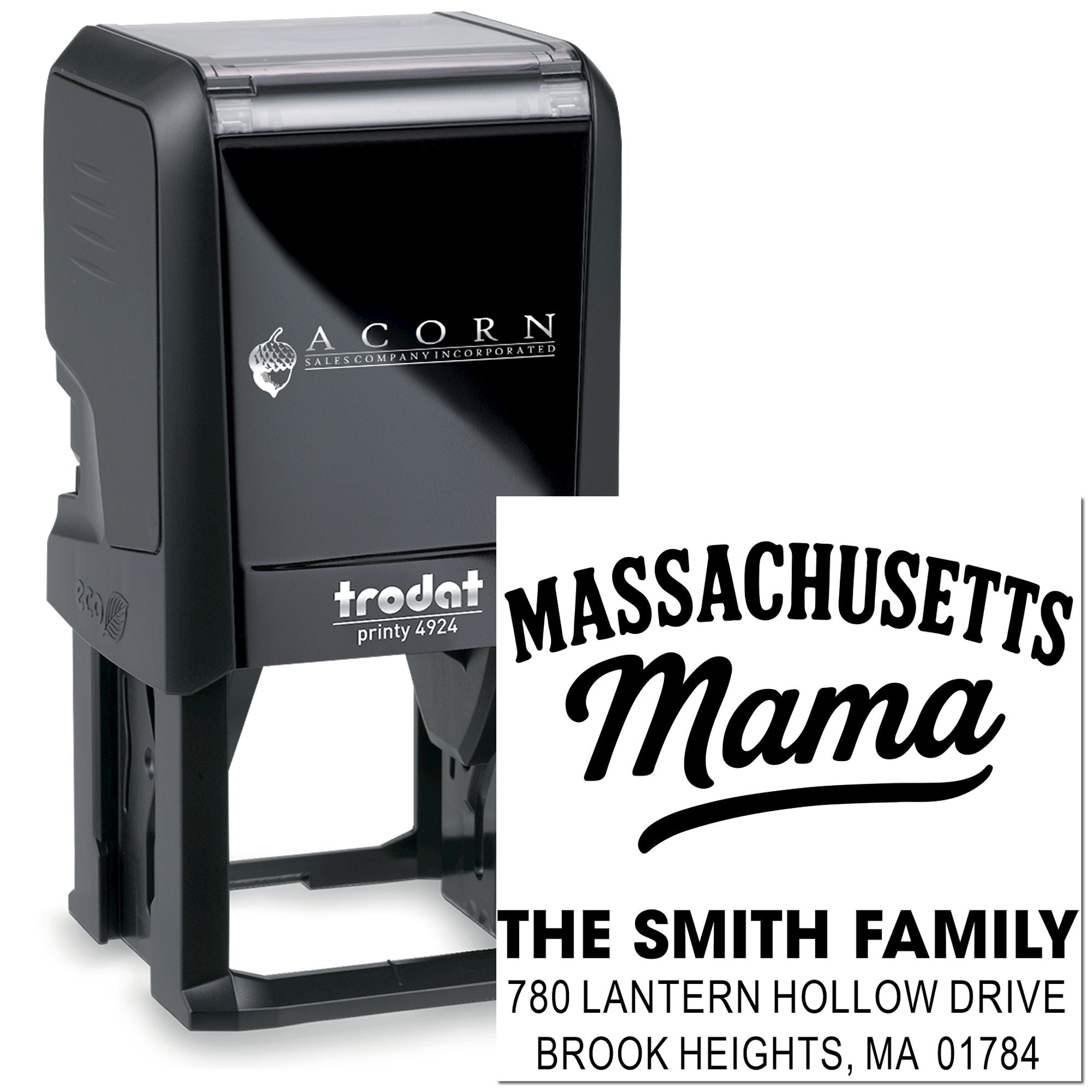 Custom self-inking rubber stamp for Massachusetts Mama address labels, featuring personalized family name and return address.