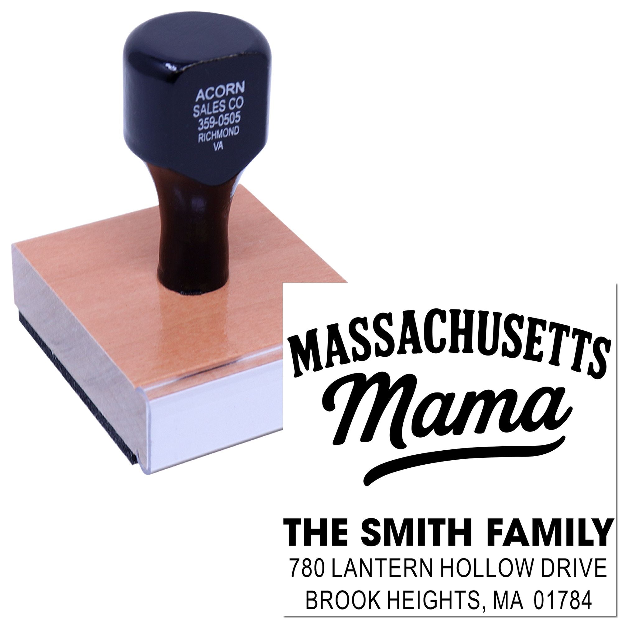 Custom rubber stamp with personalized family return address design, featuring Massachusetts Mama example imprint.