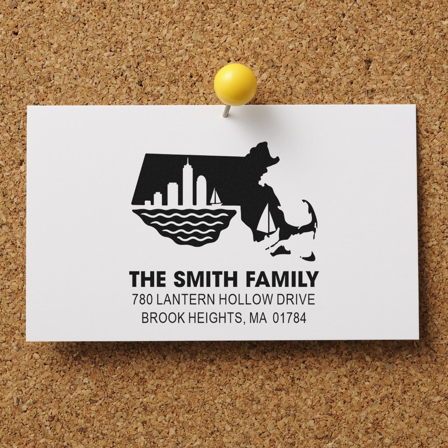 Custom return address rubber stamp with Massachusetts skyline design for The Smith Family and personalized mailing labels