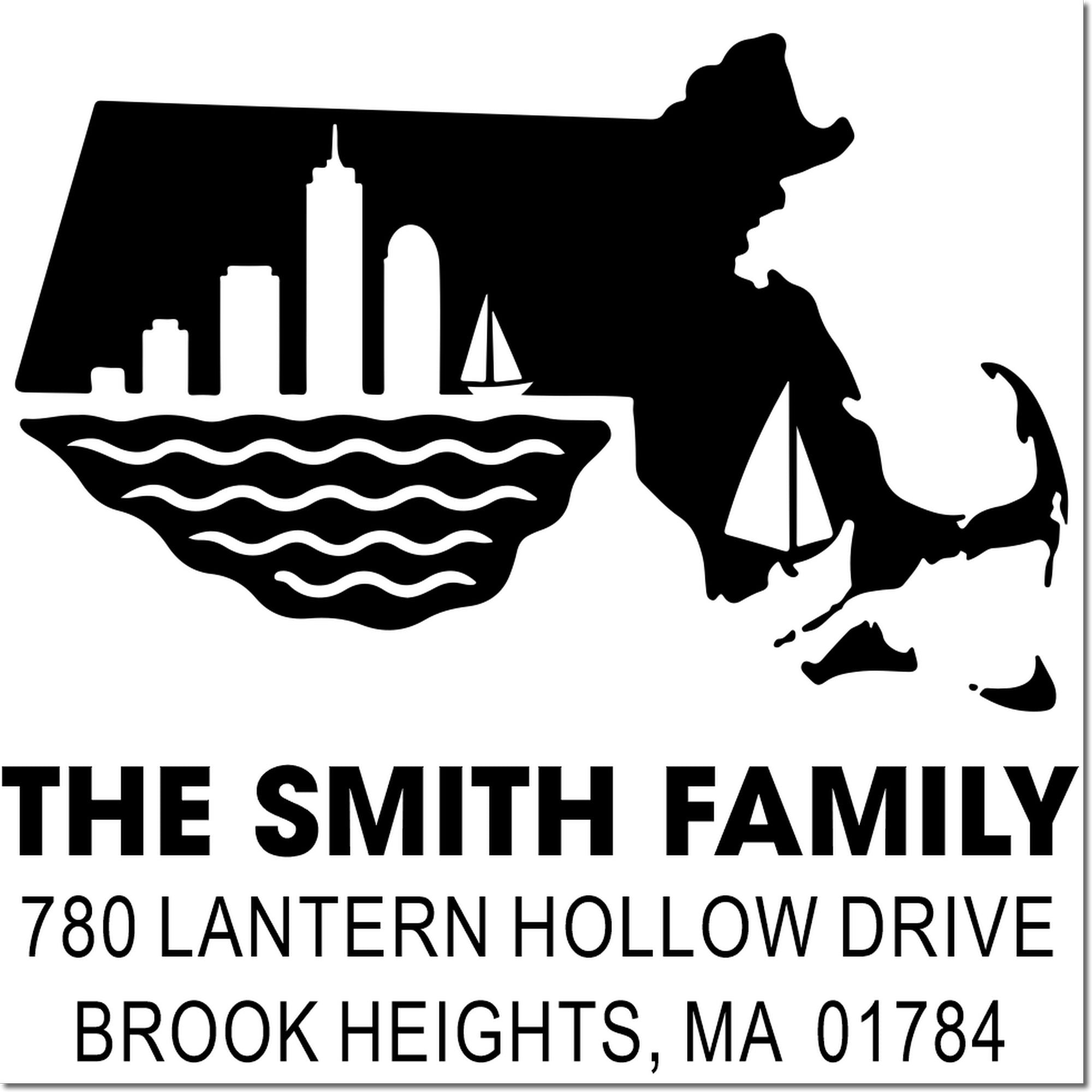 Custom Massachusetts return address rubber stamp with Boston skyline, sailboat, and Brook Heights family address.