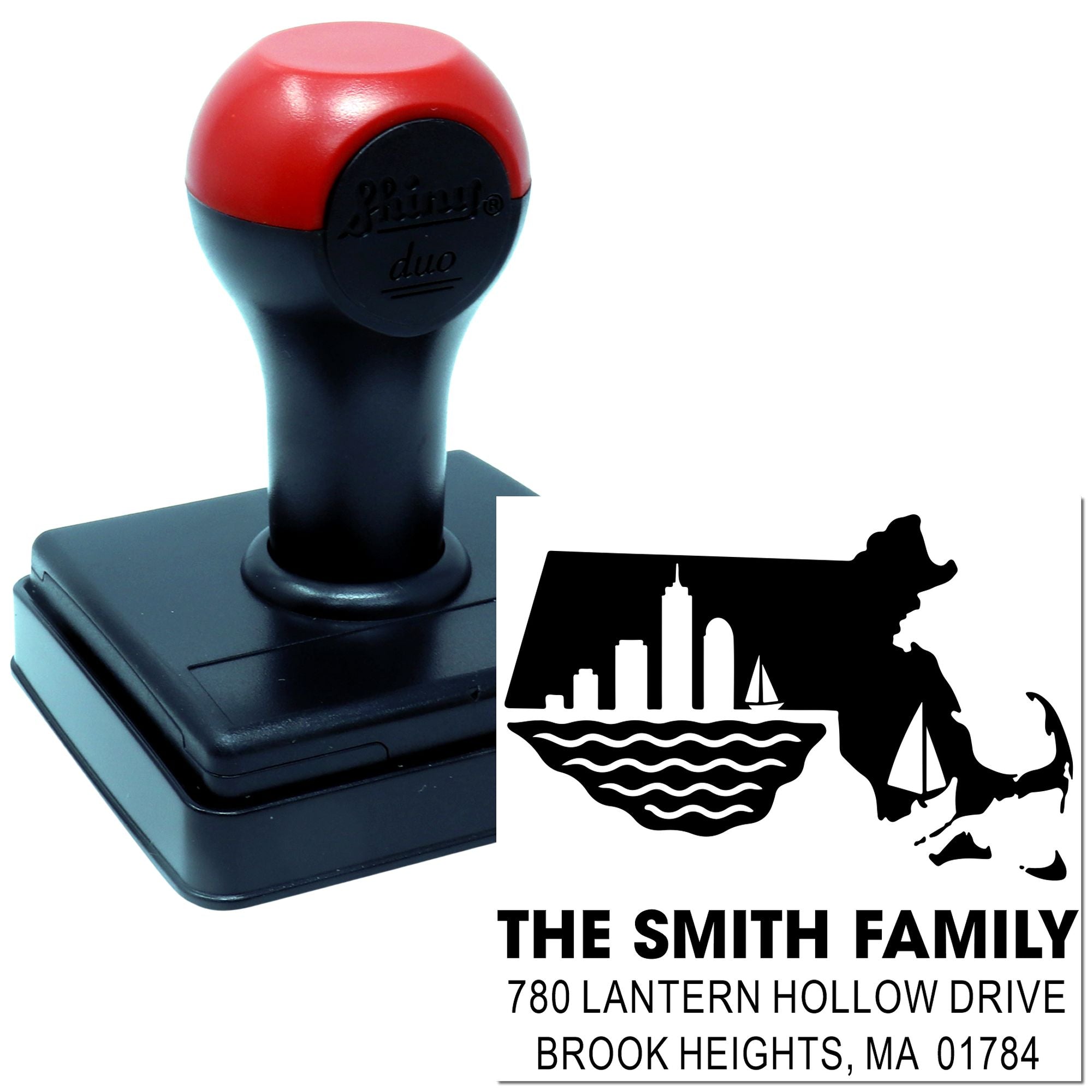 Custom Massachusetts address rubber stamp for The Smith Family, featuring skyline logo and 780 Lantern Hollow Drive.