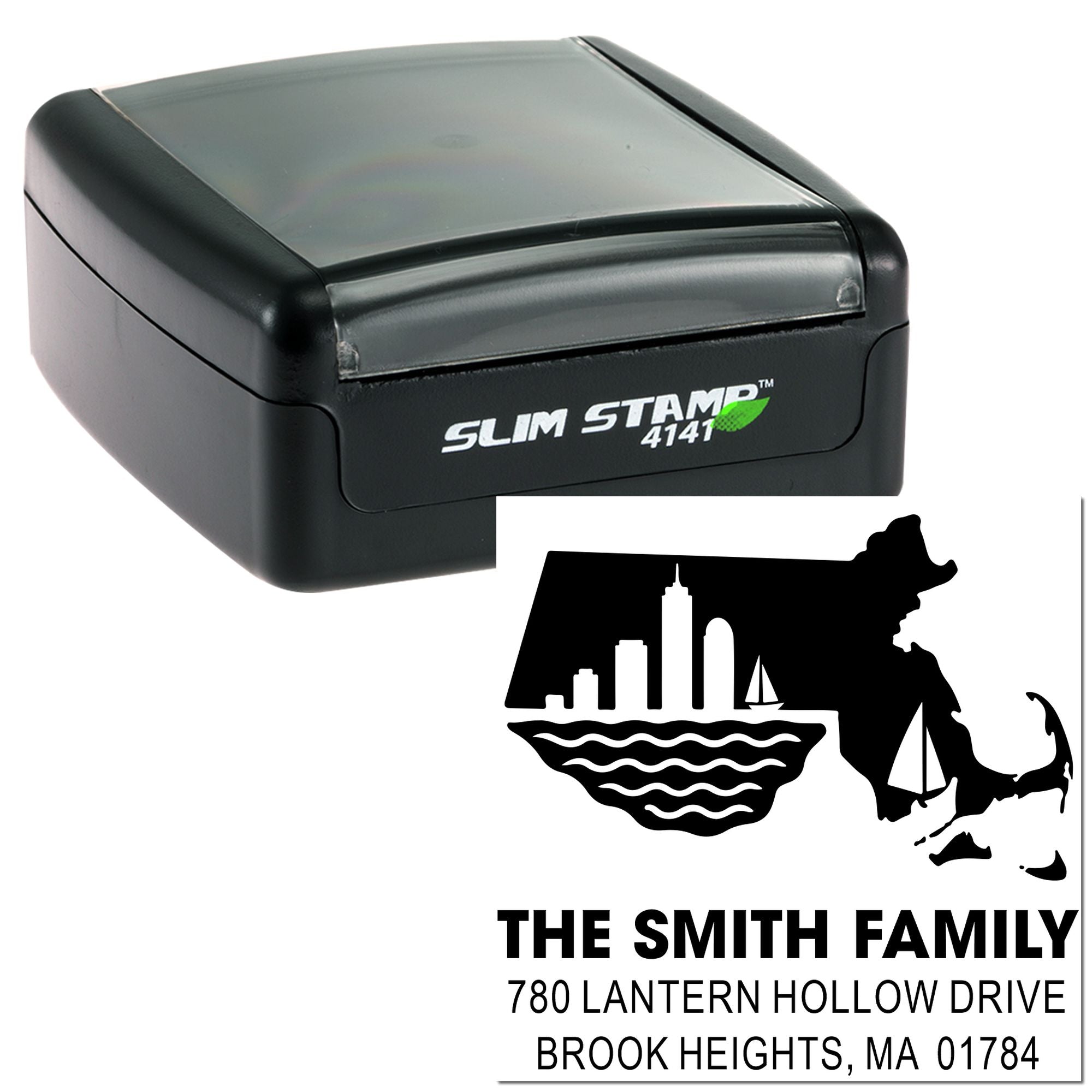 Custom self-inking rubber address stamp for The Smith Family, with Massachusetts return address design.