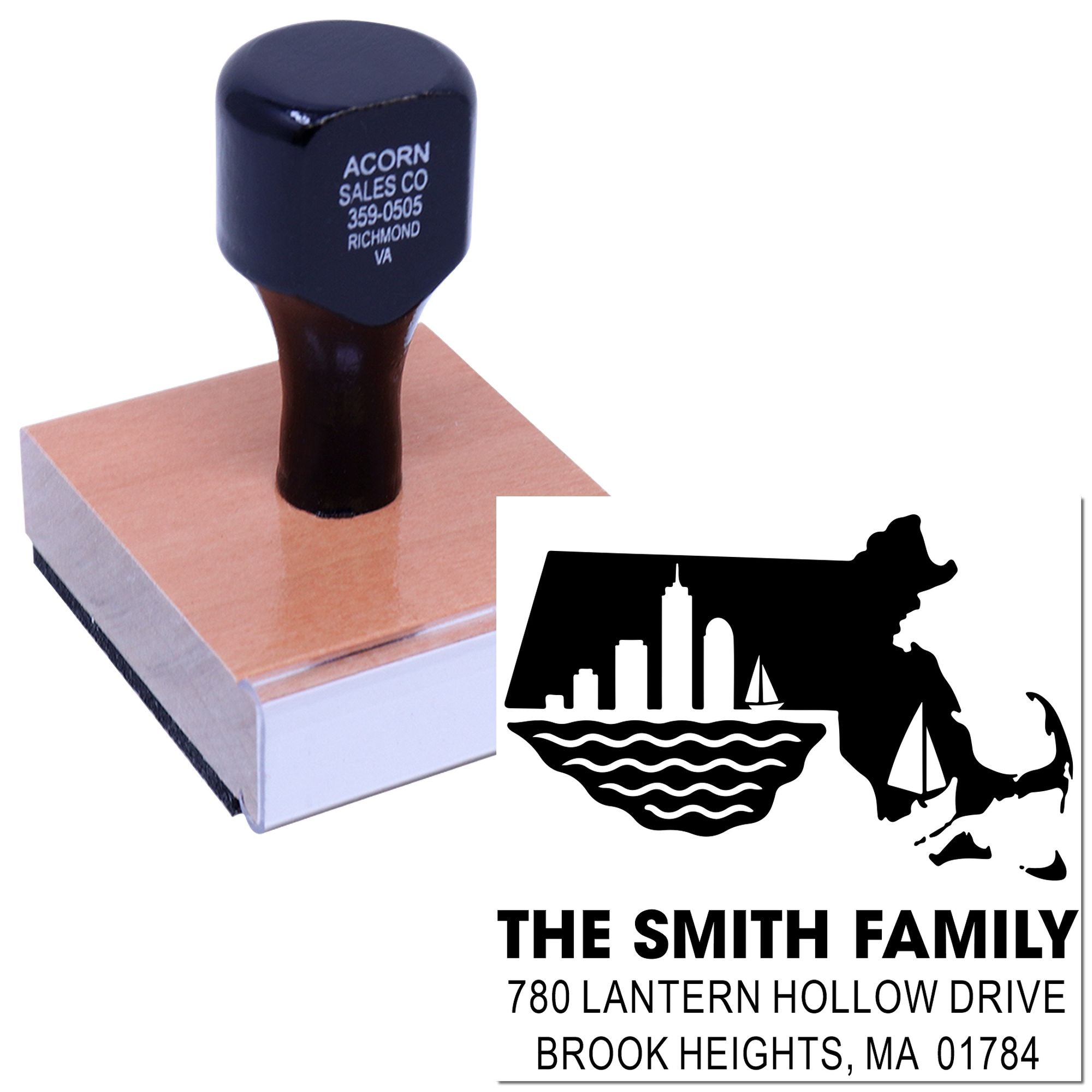 Custom address rubber stamp for The Smith Family with Massachusetts skyline and map design