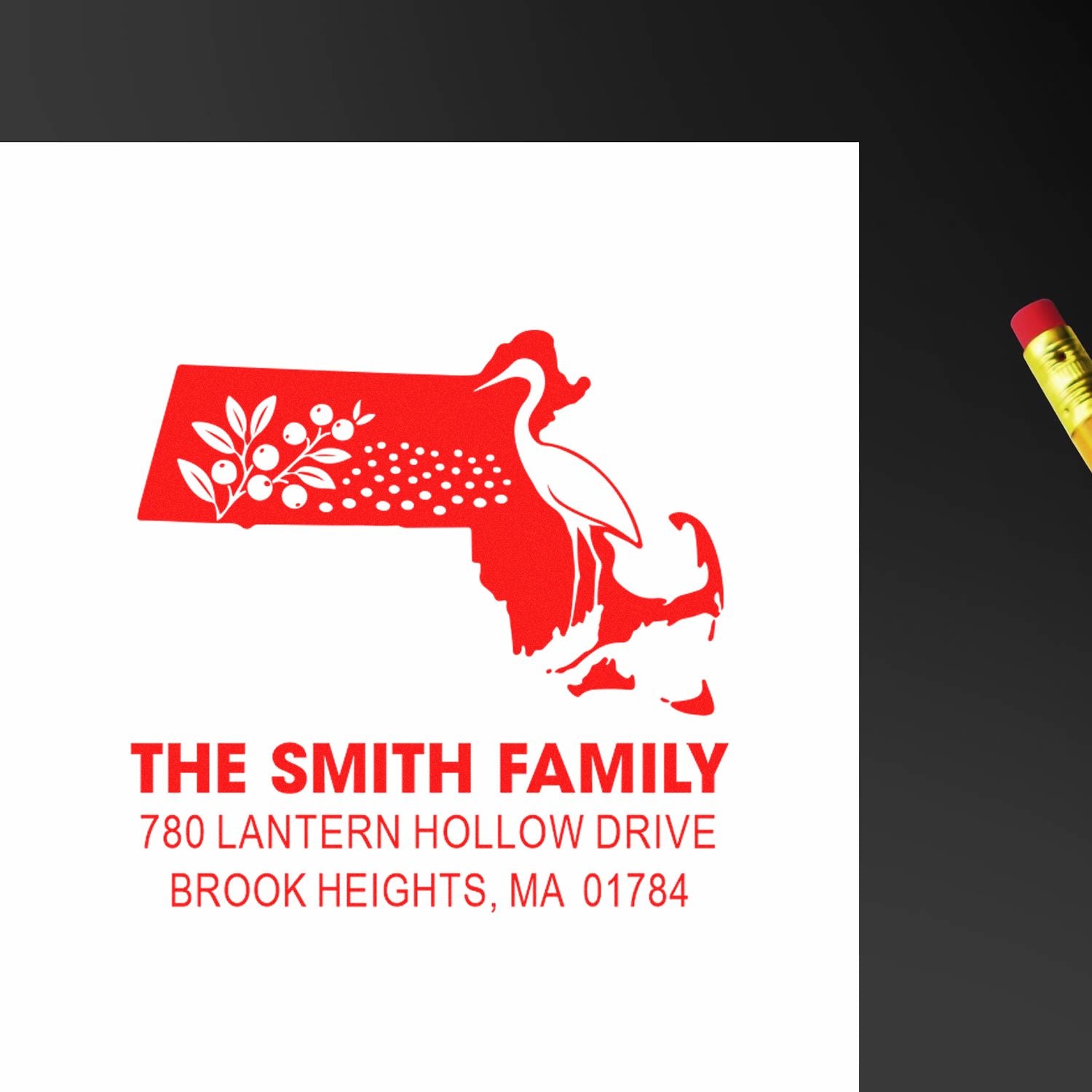 Custom family return address rubber stamp for The Smith Family with Massachusetts state design and Brook Heights, MA address.
