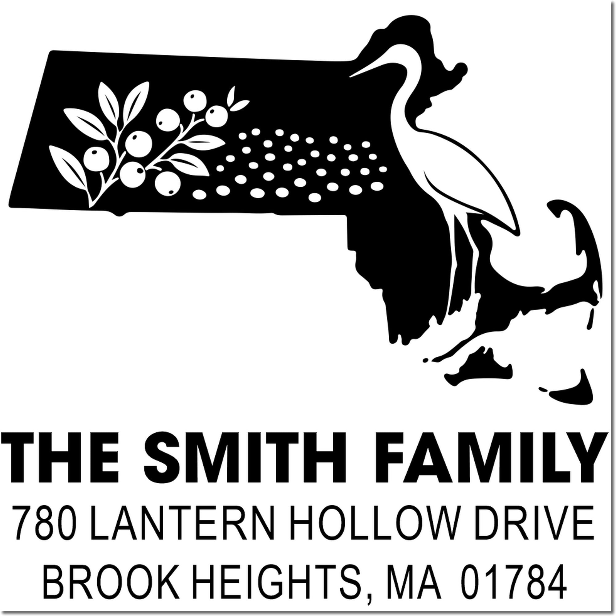 Custom family address rubber stamp with Massachusetts design, The Smith Family, 780 Lantern Hollow Drive, Brook Heights, MA 01784