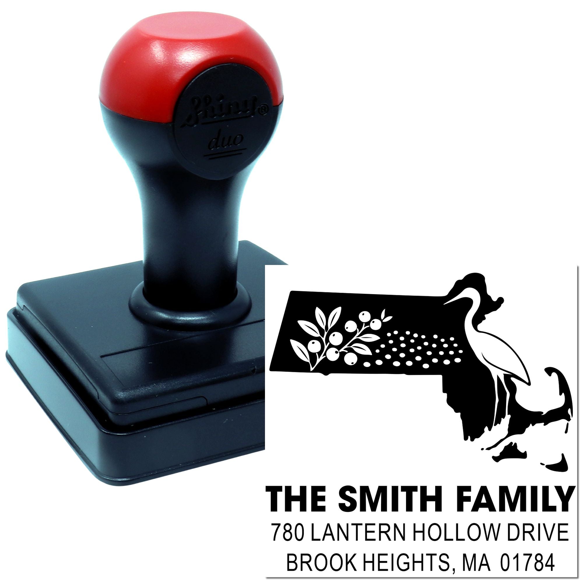 Custom self-inking return address stamp for The Smith Family, Brook Heights, MA 01784.