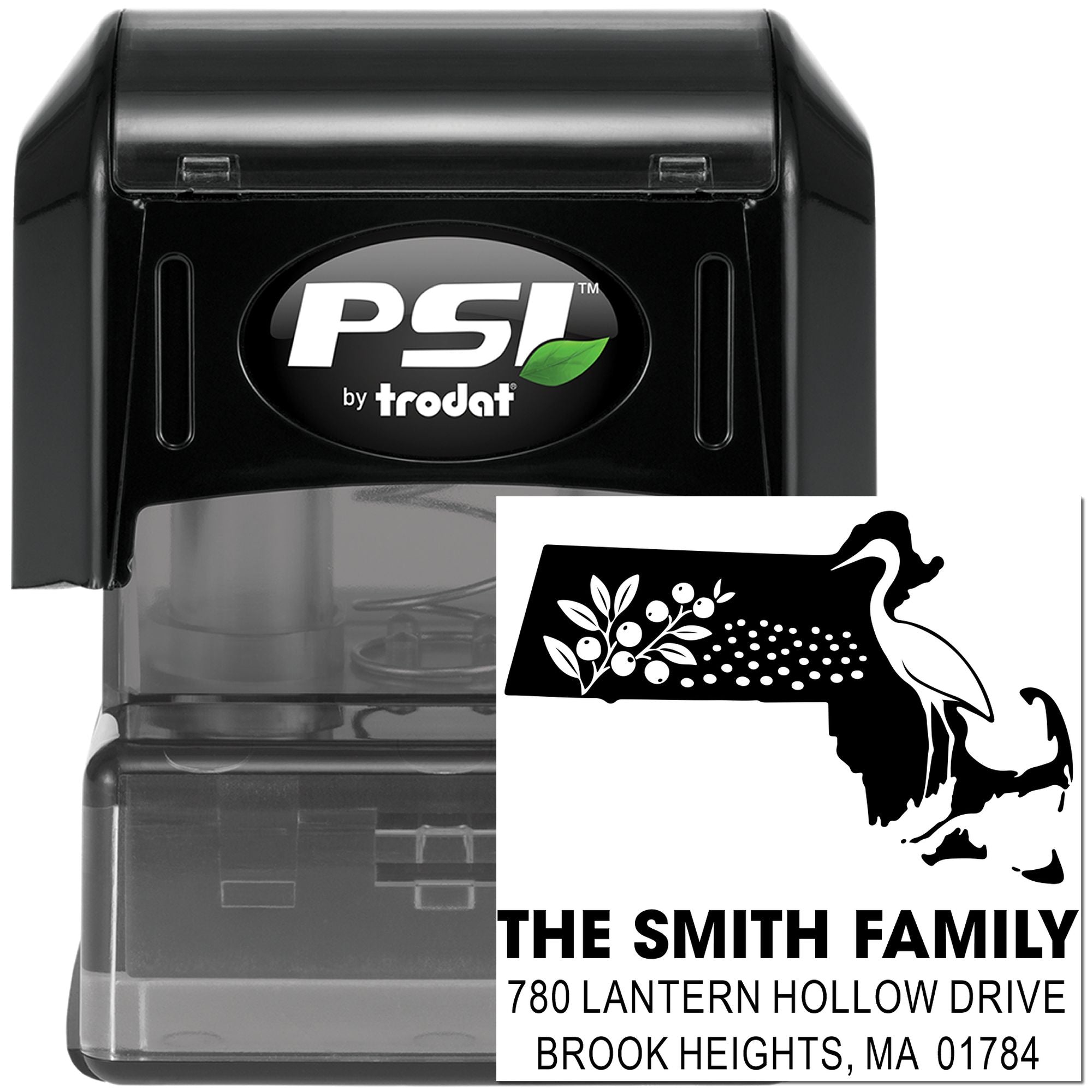 Custom self-inking rubber address stamp by PSI by Trodat featuring The Smith Family and Brook Heights, MA return address.
