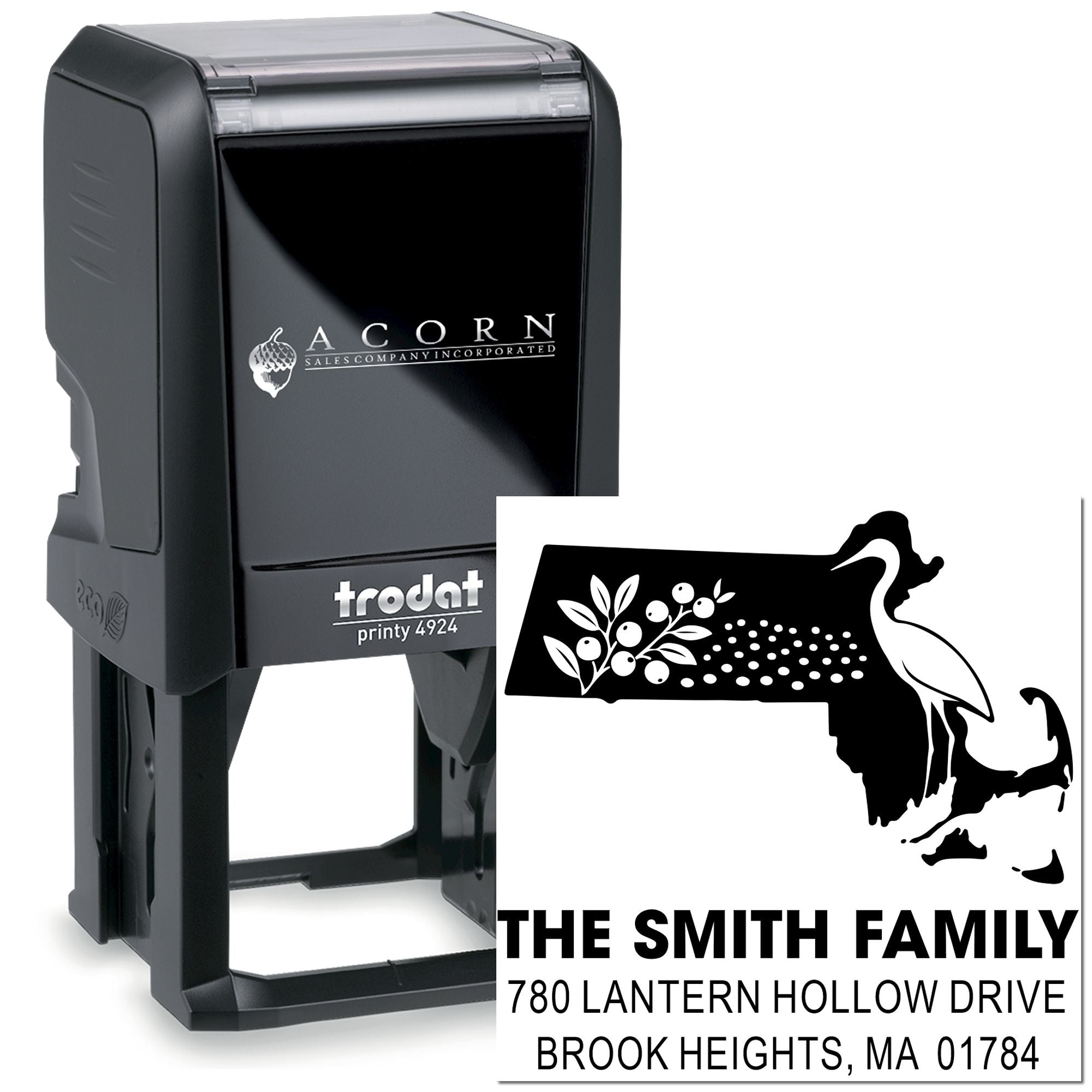 Custom self-inking address stamp for The Smith Family, with Massachusetts map design, Trodat Printy 4924.