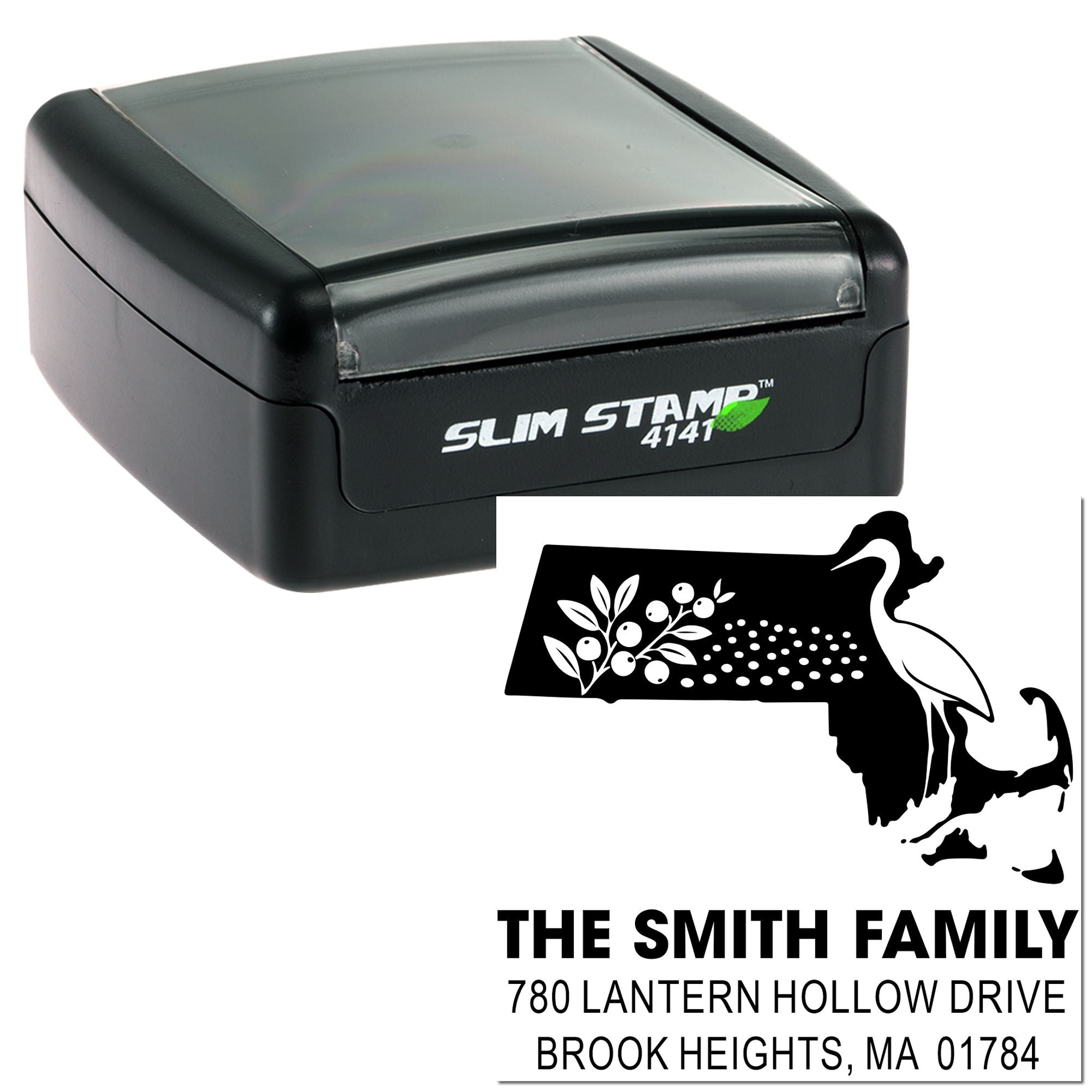 Custom self-inking return address rubber stamp for The Smith Family, Brook Heights, MA, with Massachusetts state design.