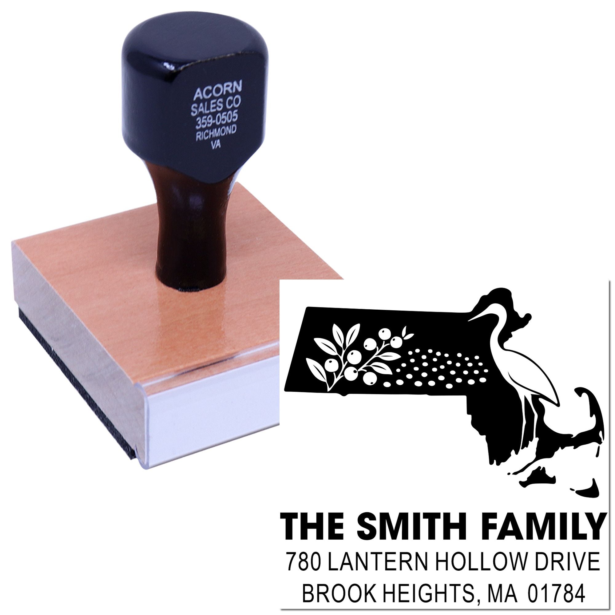 Custom address rubber stamp with self-inking design, Massachusetts map graphic, and The Smith Family return address.