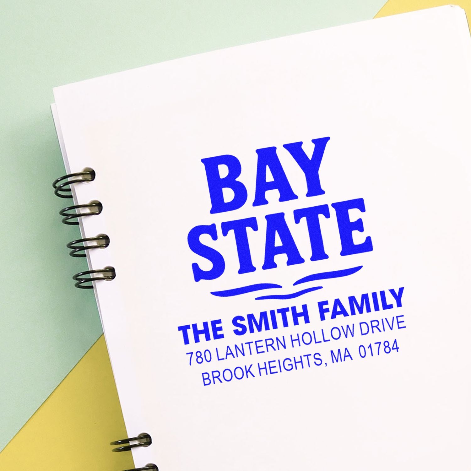 Custom Bay State family return address rubber stamp for envelopes, stationery, and mailing labels.