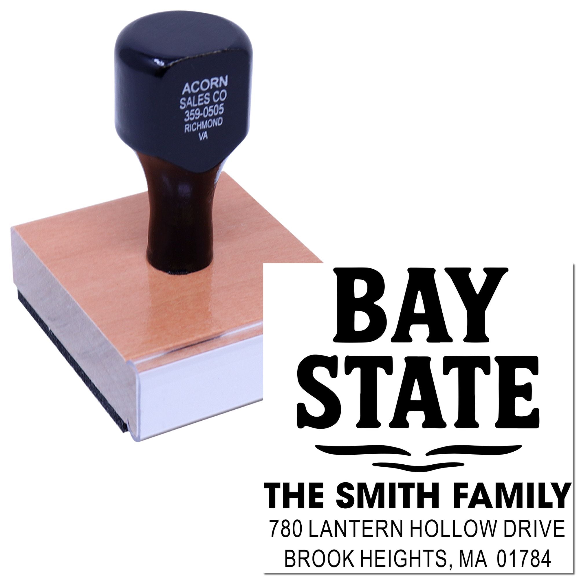 Custom Bay State family return address rubber stamp with The Smith Family name and Massachusetts address.