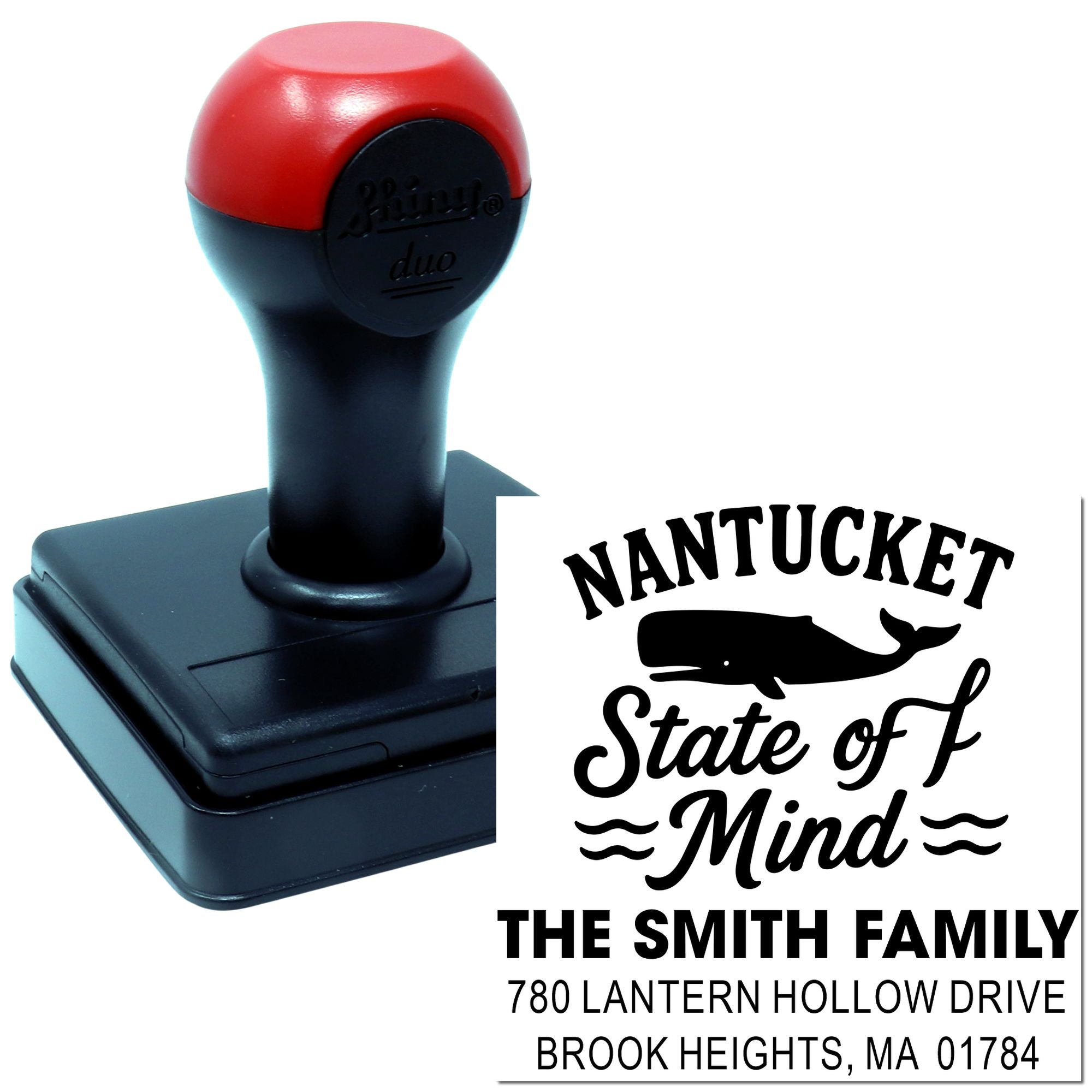 Custom self-inking rubber stamp with Nantucket whale design and Smith family return address.