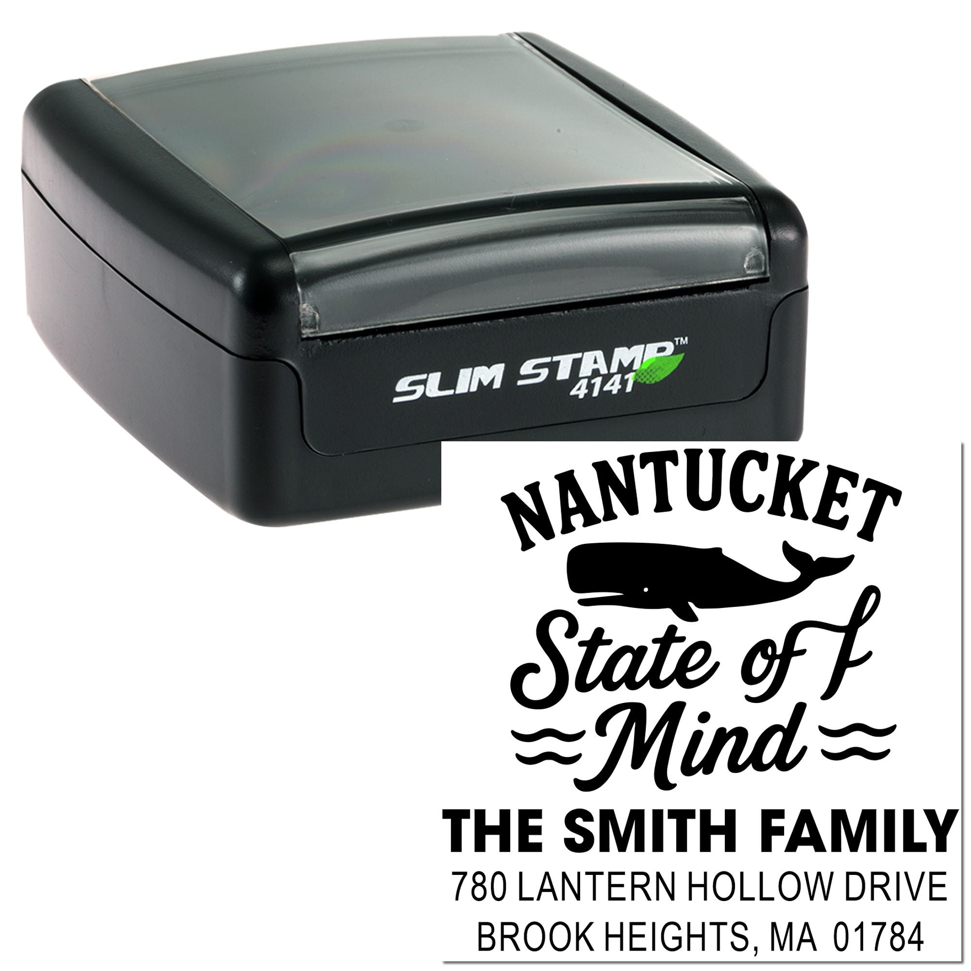 Nantucket State of Mind custom address rubber stamp with whale design for The Smith Family, Brook Heights, MA.