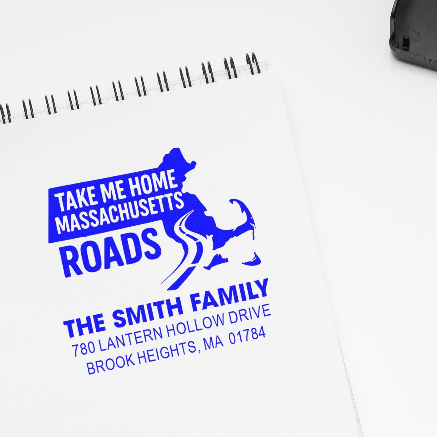Custom Massachusetts roads rubber stamp with state silhouette, family name, and address for personalized return mail.