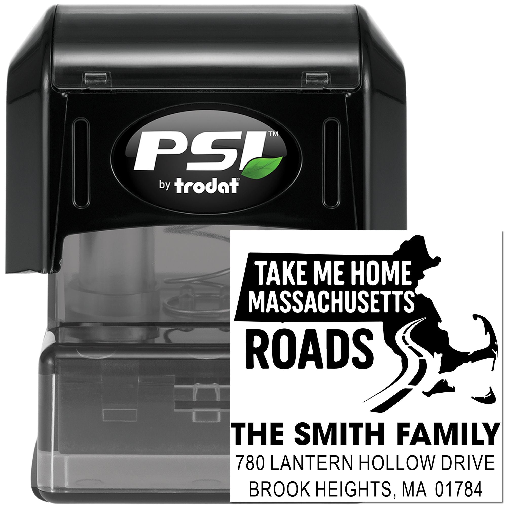 Custom self-inking rubber stamp for Massachusetts return addresses, featuring The Smith Family Take Me Home Roads design.