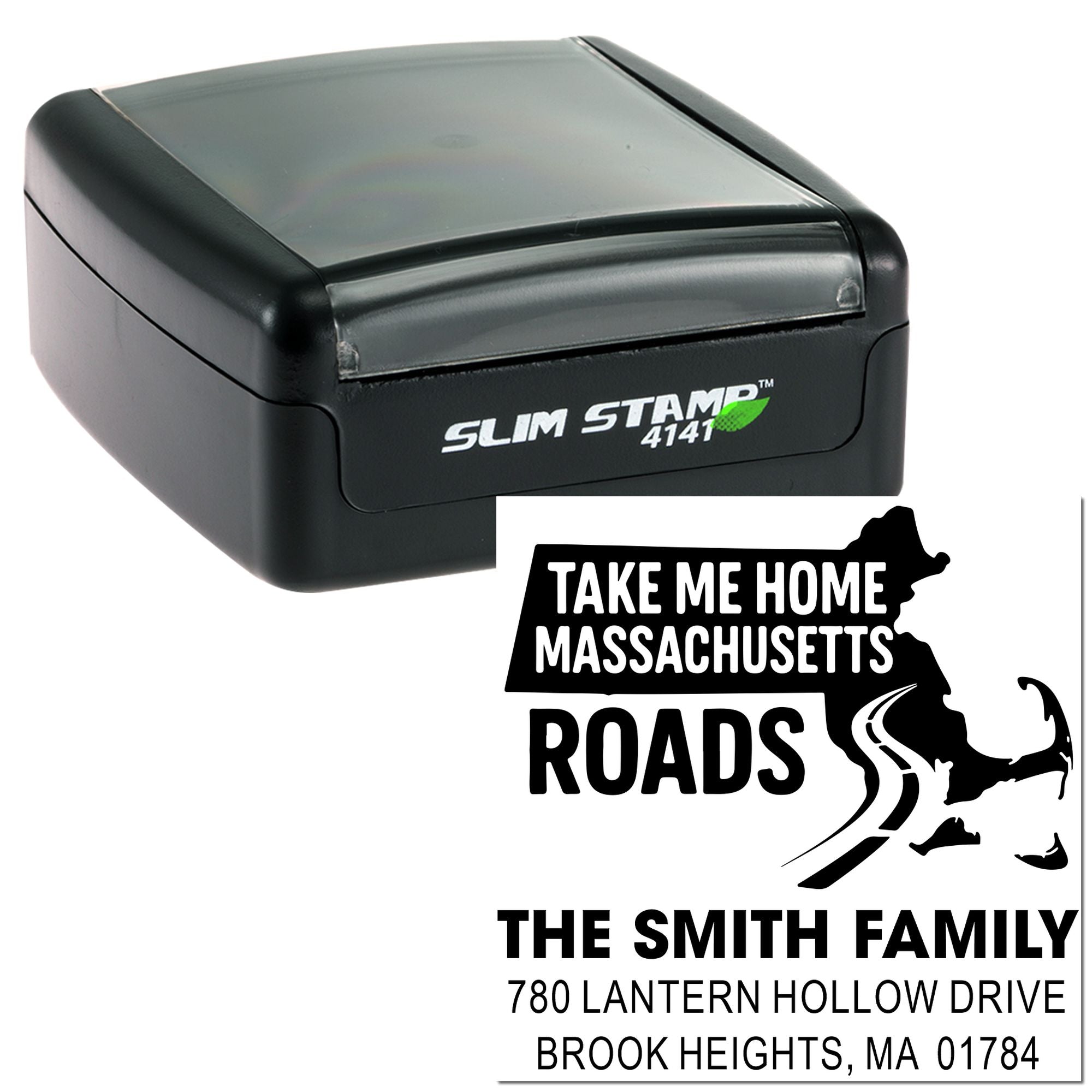Custom self-inking rubber stamp for a Massachusetts family address, featuring Take Me Home Massachusetts Roads design.