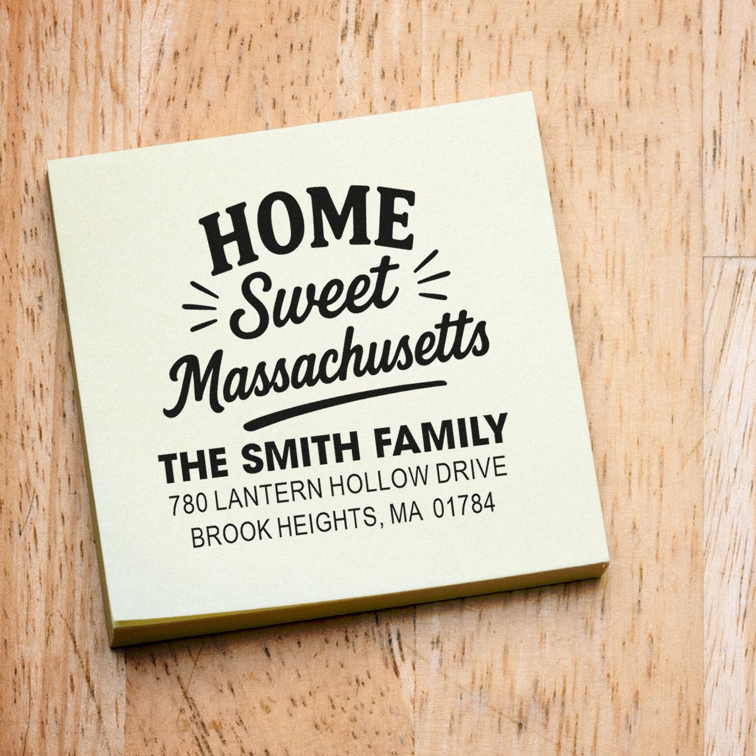 Custom Home Sweet Massachusetts return address rubber stamp for The Smith Family, Brook Heights, MA.