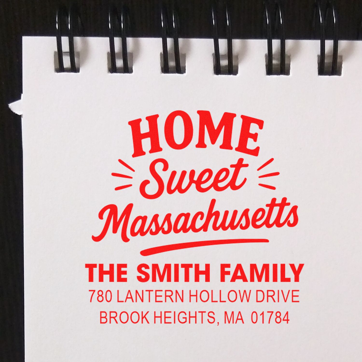 Custom rubber stamp return address design reading Home Sweet Massachusetts for The Smith Family in Brook Heights, MA.