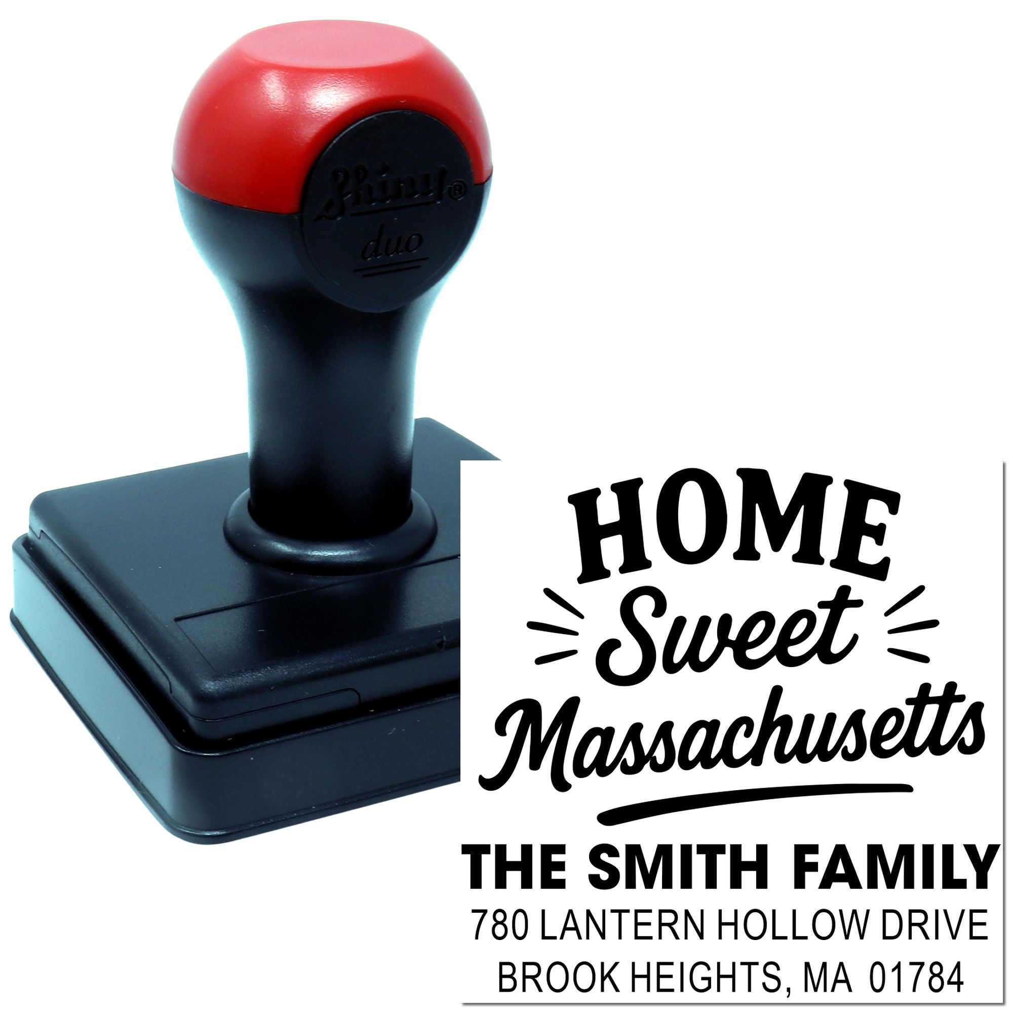 Custom self-inking rubber address stamp for The Smith Family, featuring Home Sweet Massachusetts and return address design.