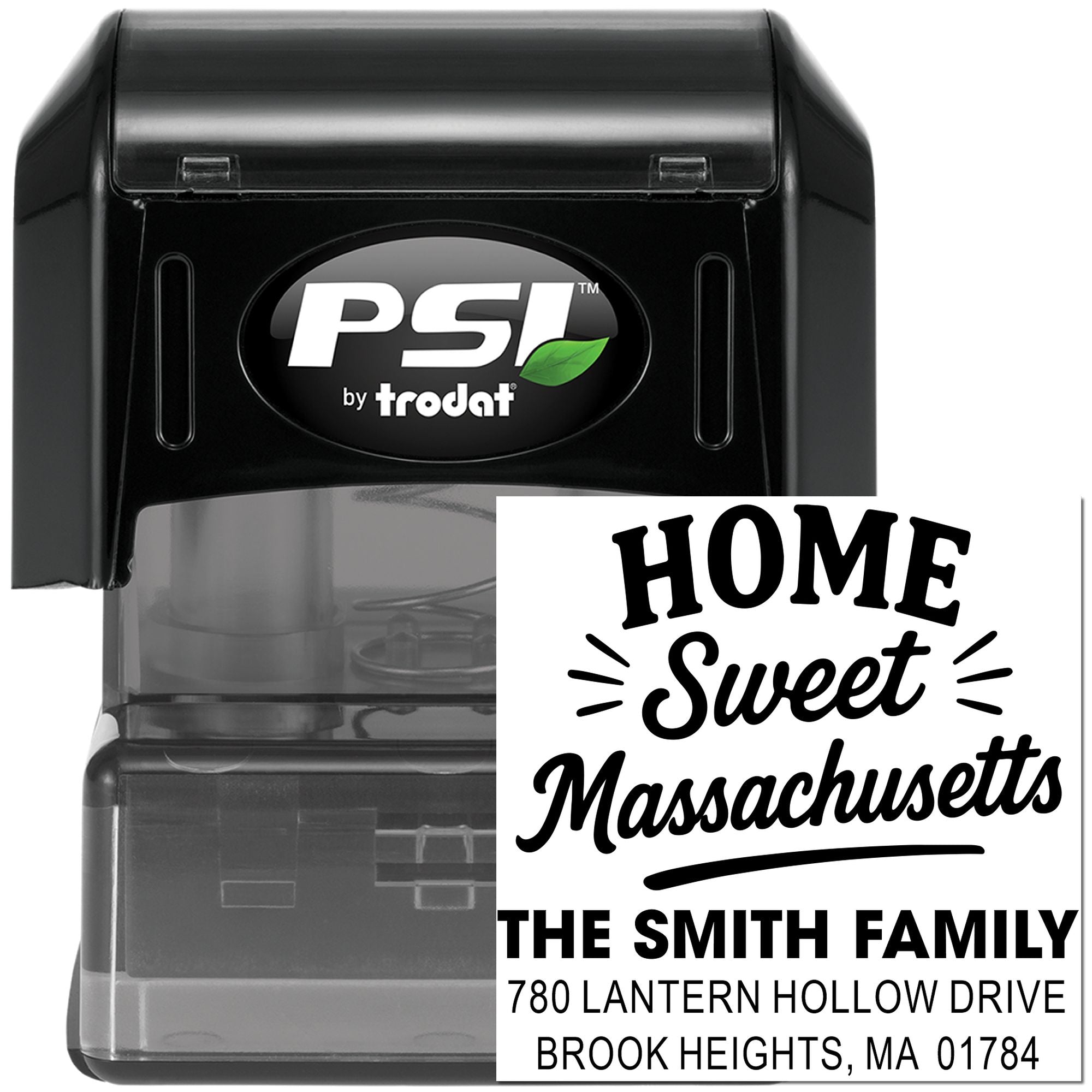 Custom self-inking return address rubber stamp with Home Sweet Massachusetts for The Smith Family, Brook Heights, MA.