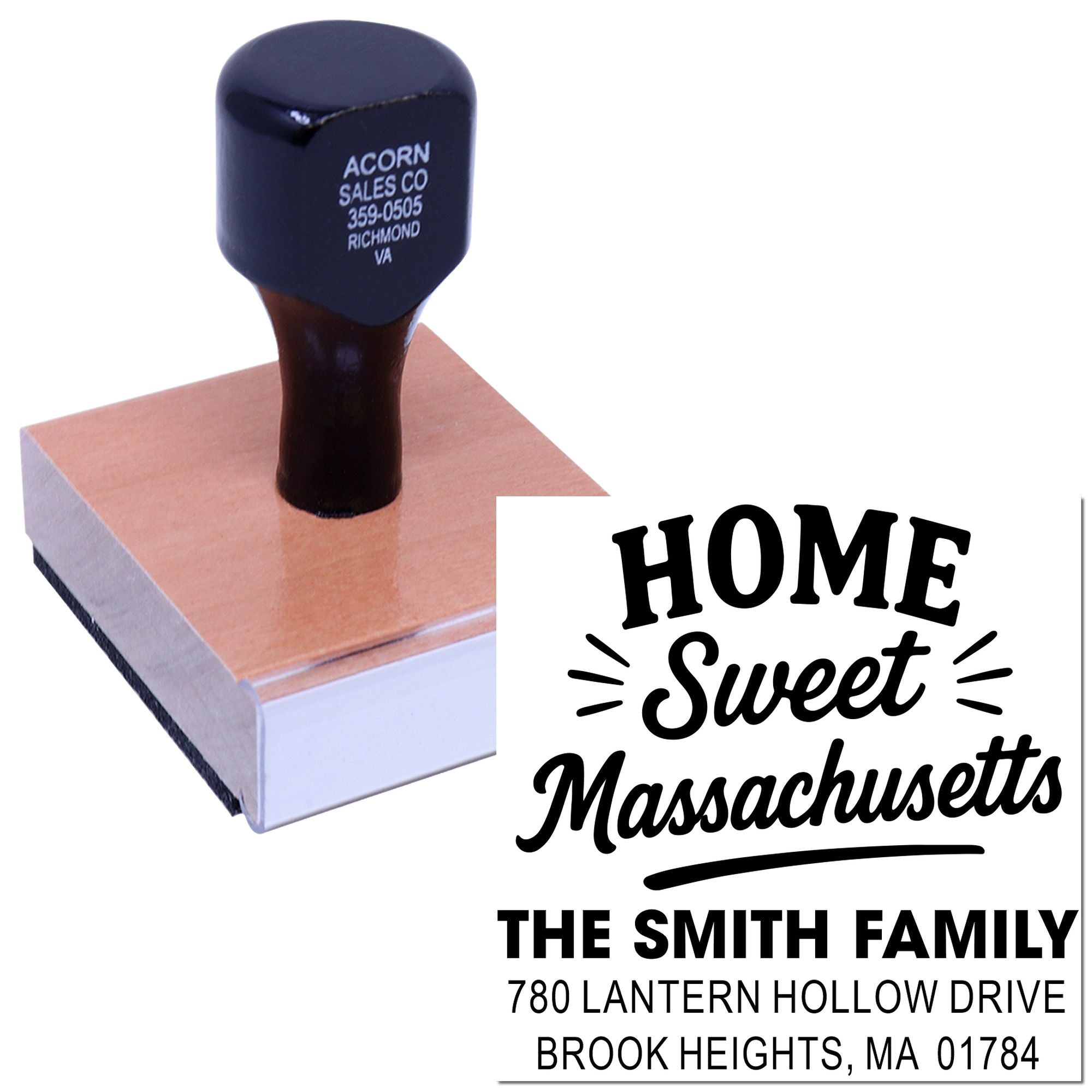 Custom rubber address stamp with Home Sweet Massachusetts design for personalized mail, family return addresses, and housewarming gifts.