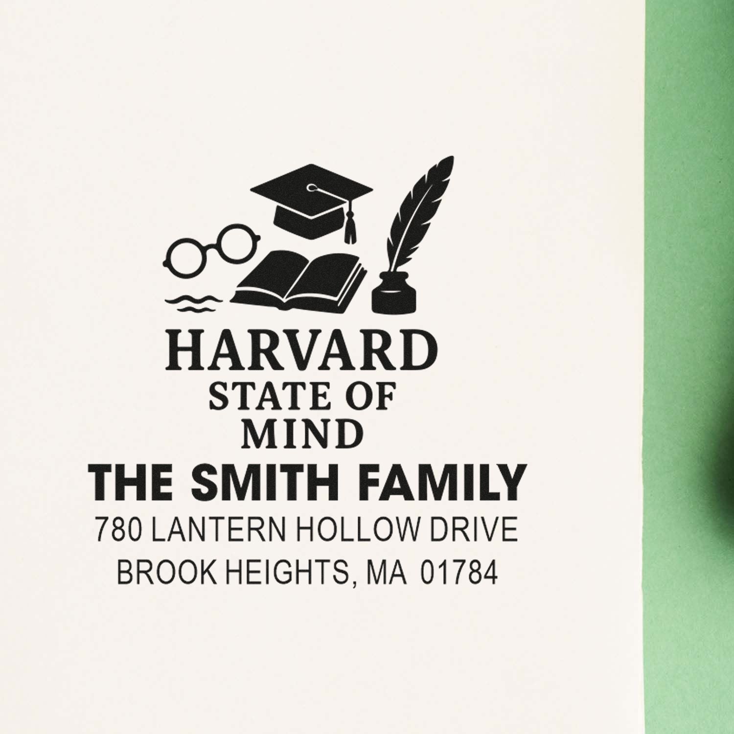 Custom Harvard State of Mind address rubber stamp for The Smith Family, featuring academic icons and Brook Heights, MA address.