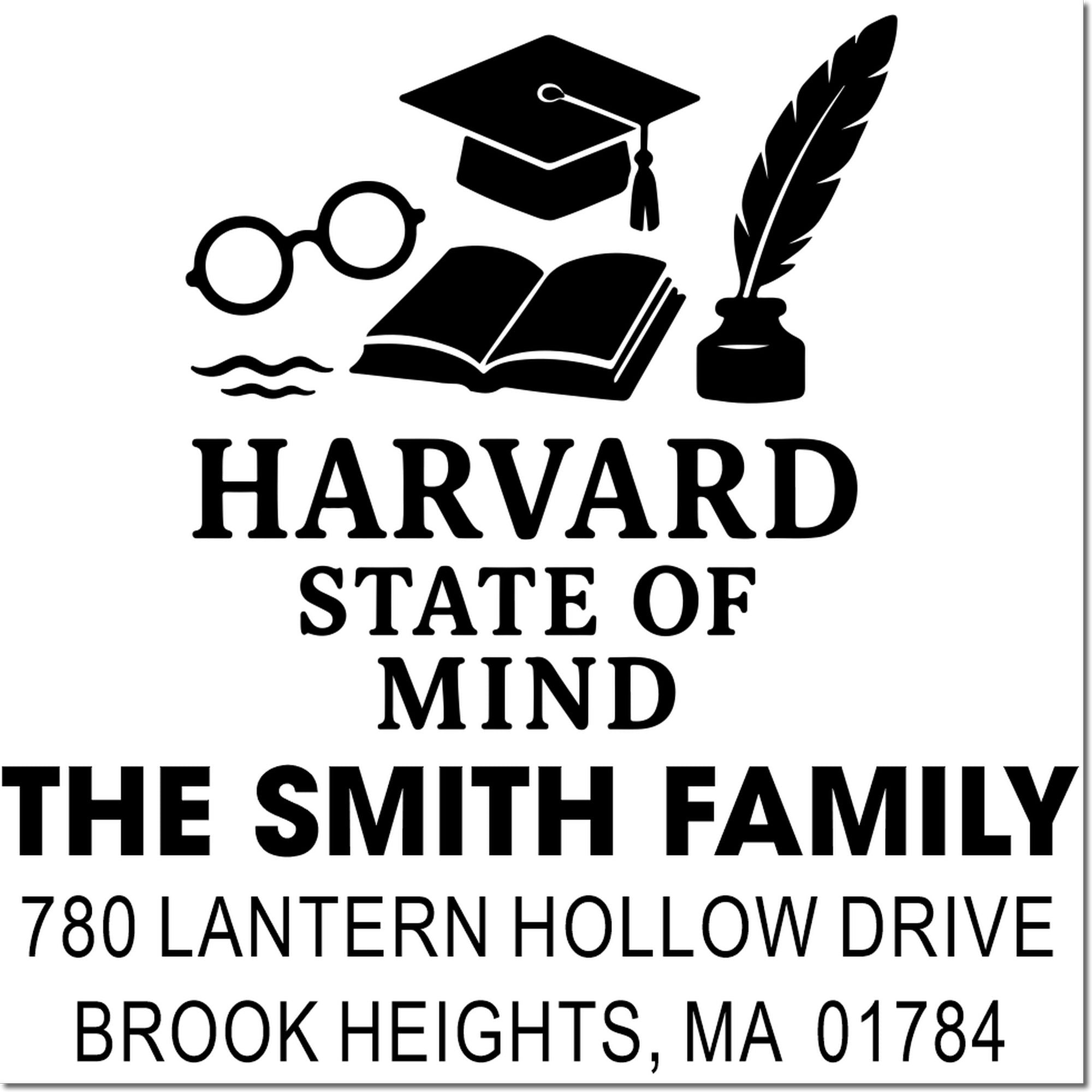 Personalized Harvard State of Mind Smith family return address rubber stamp with college icons and Brook Heights, MA 01784.