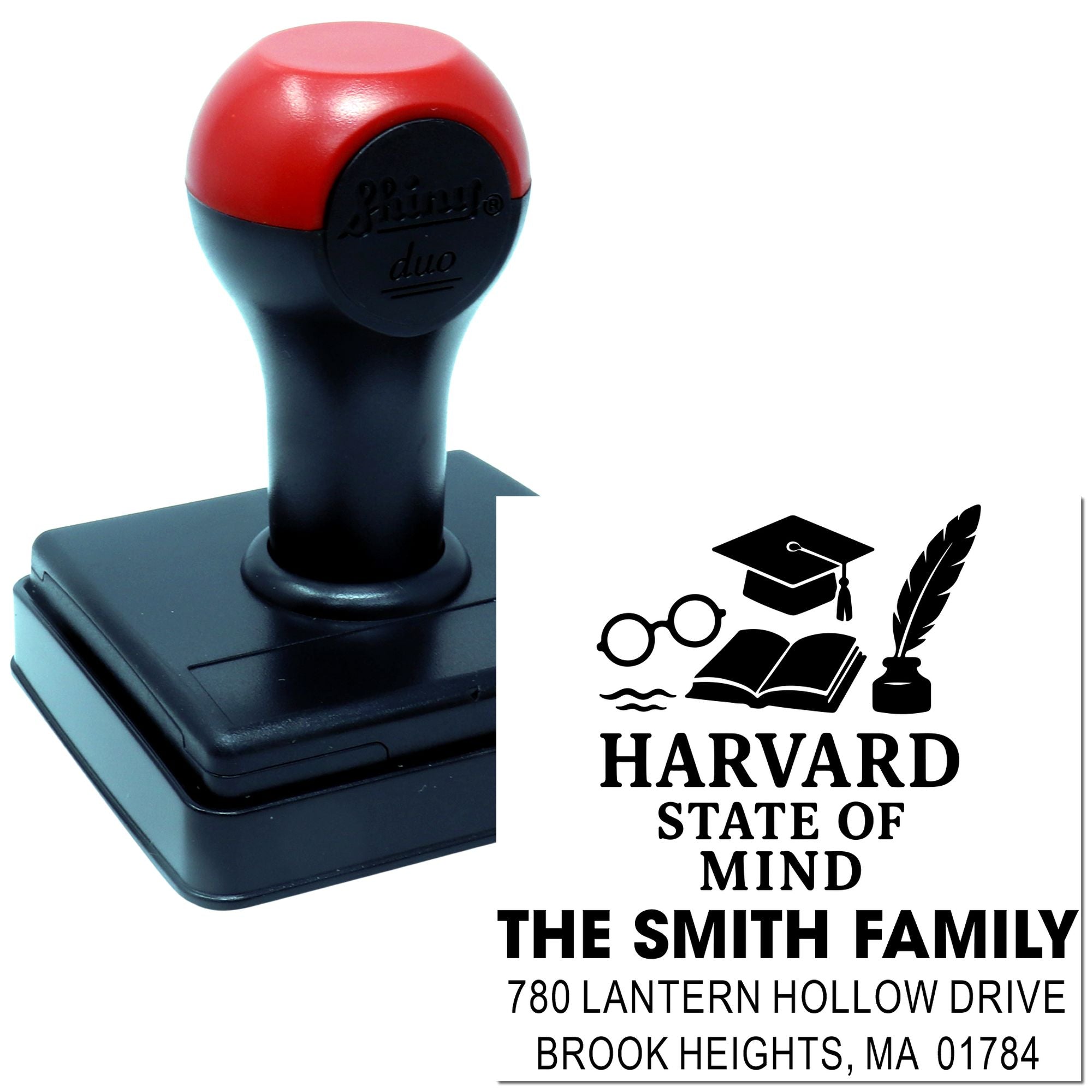 Custom self-inking rubber stamp with Harvard State of Mind design, family name, and return address for personalized mail.