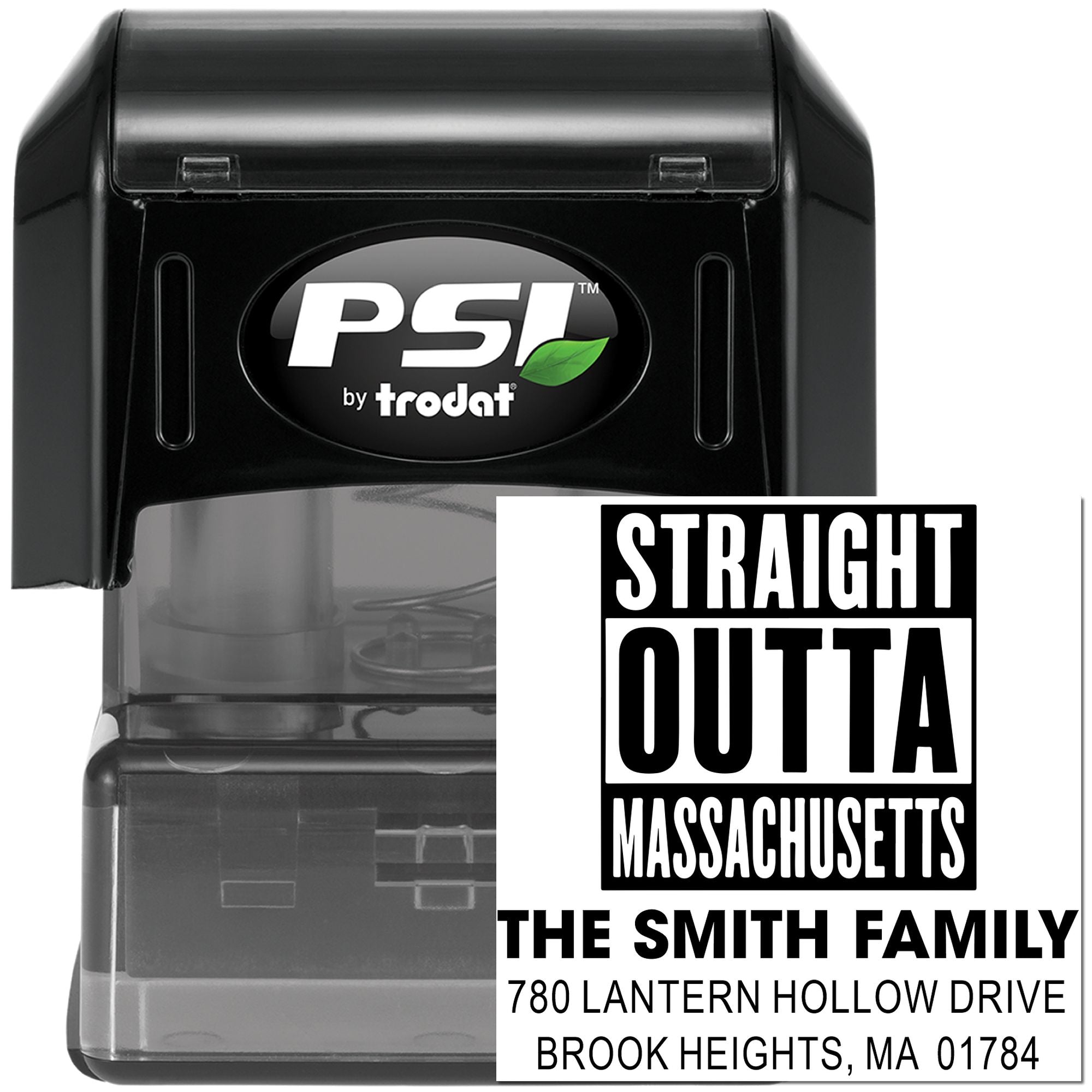 Custom self-inking rubber stamp by PSI Trodat with Straight Outta Massachusetts The Smith Family return address design