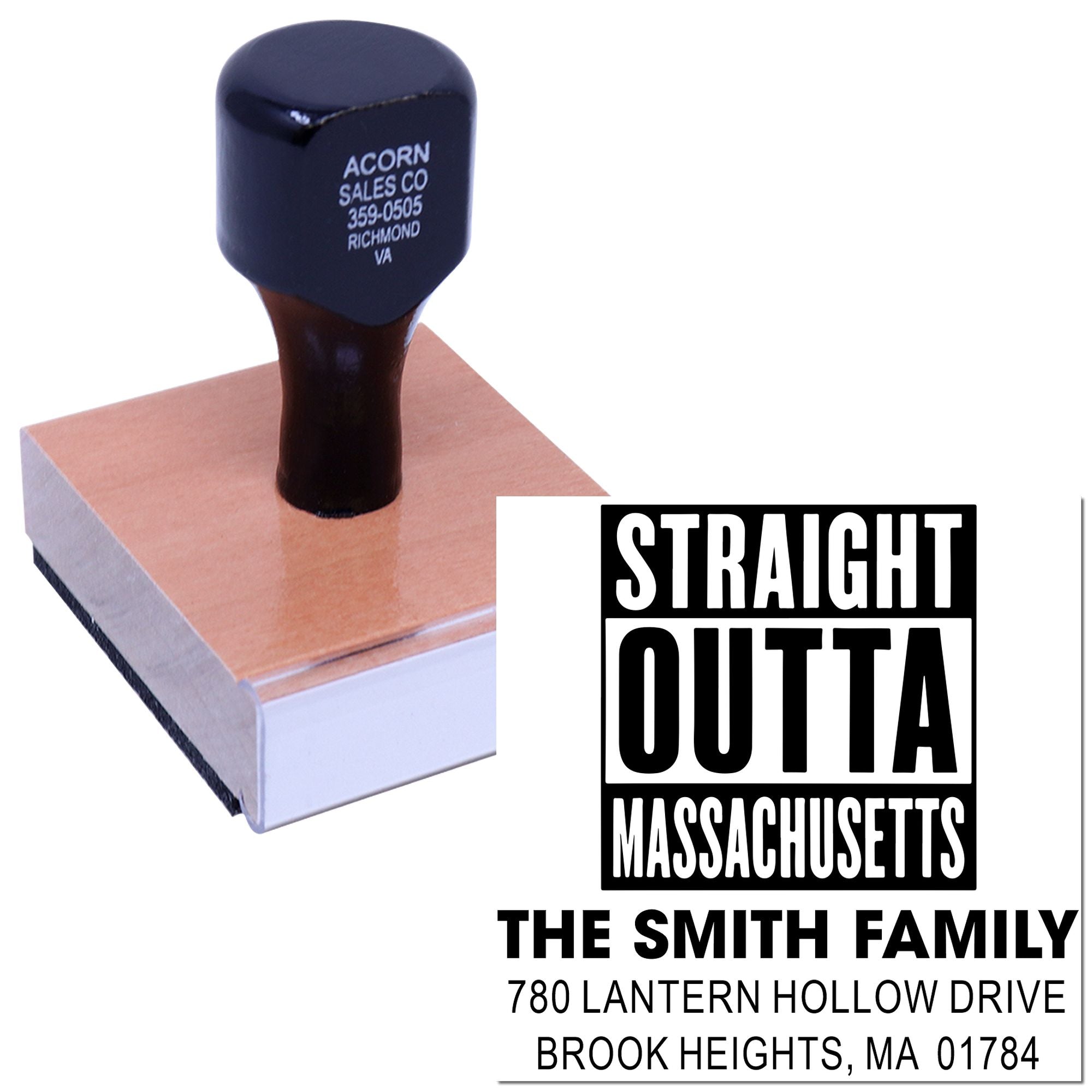 Custom rubber address stamp featuring Straight Outta Massachusetts for The Smith Family mailing and return labels.