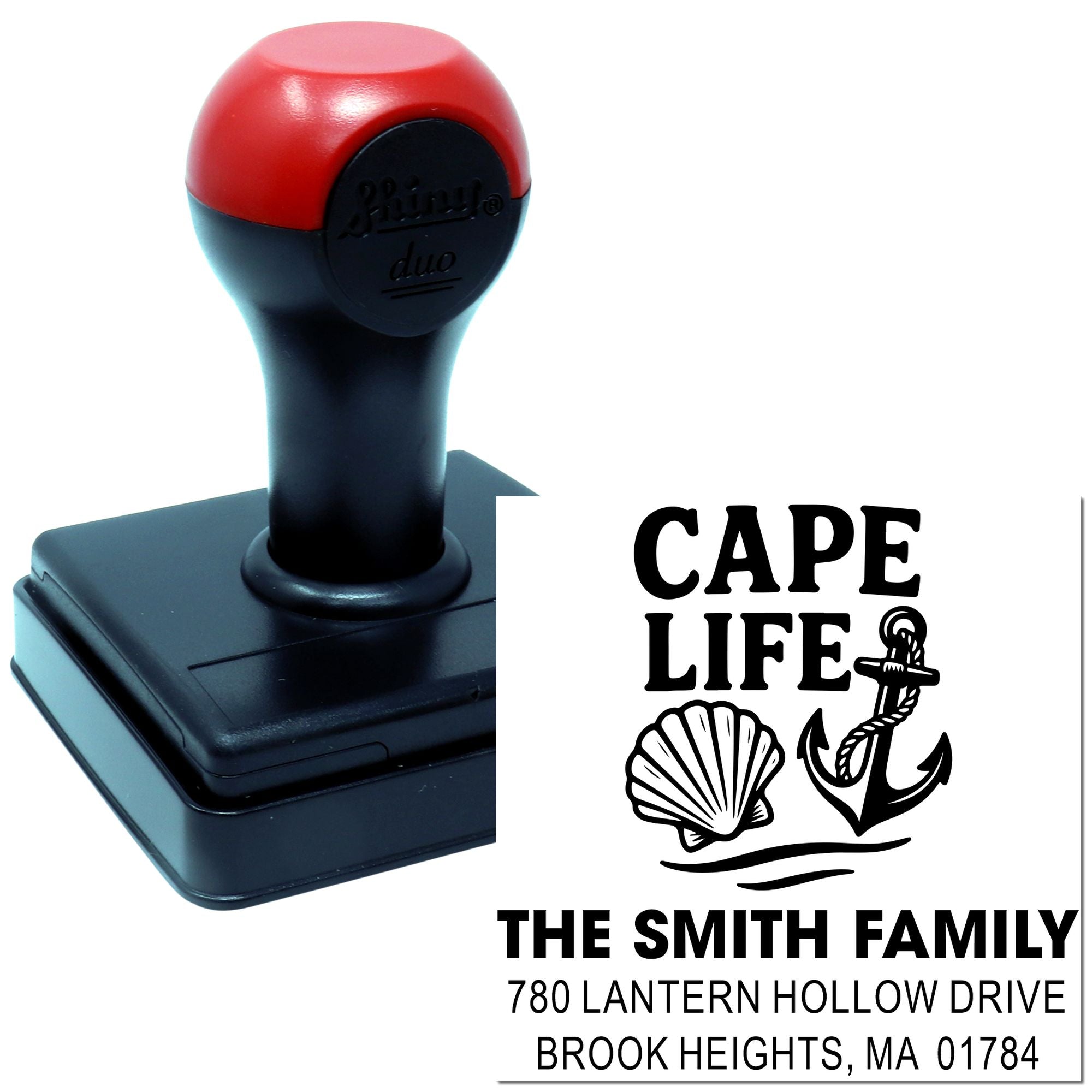 Custom self-inking rubber address stamp with Cape Life nautical design for The Smith Family